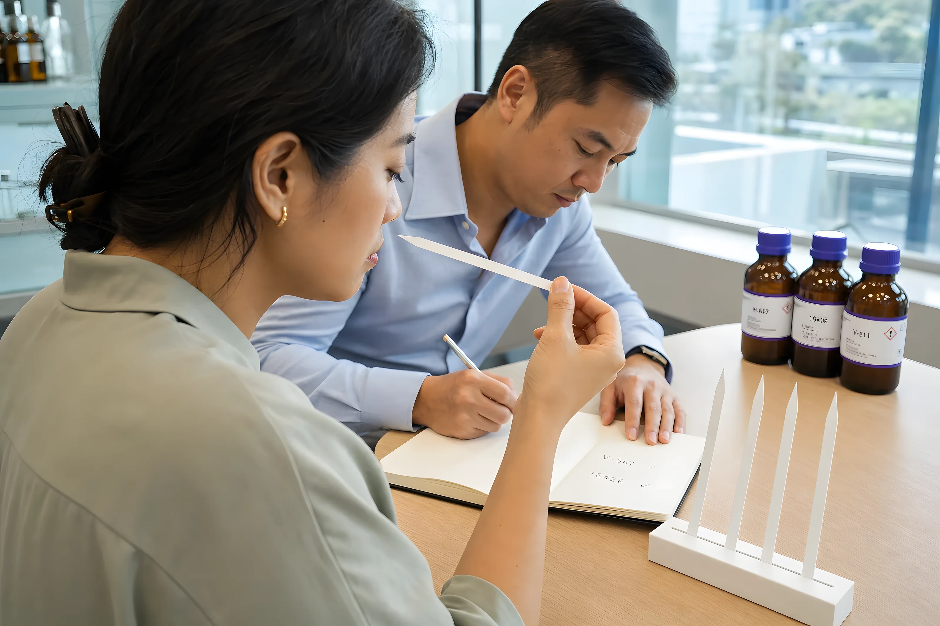 Two VKA colleagues evaluating a flavour, one smelling a scent strip while the other takes notes