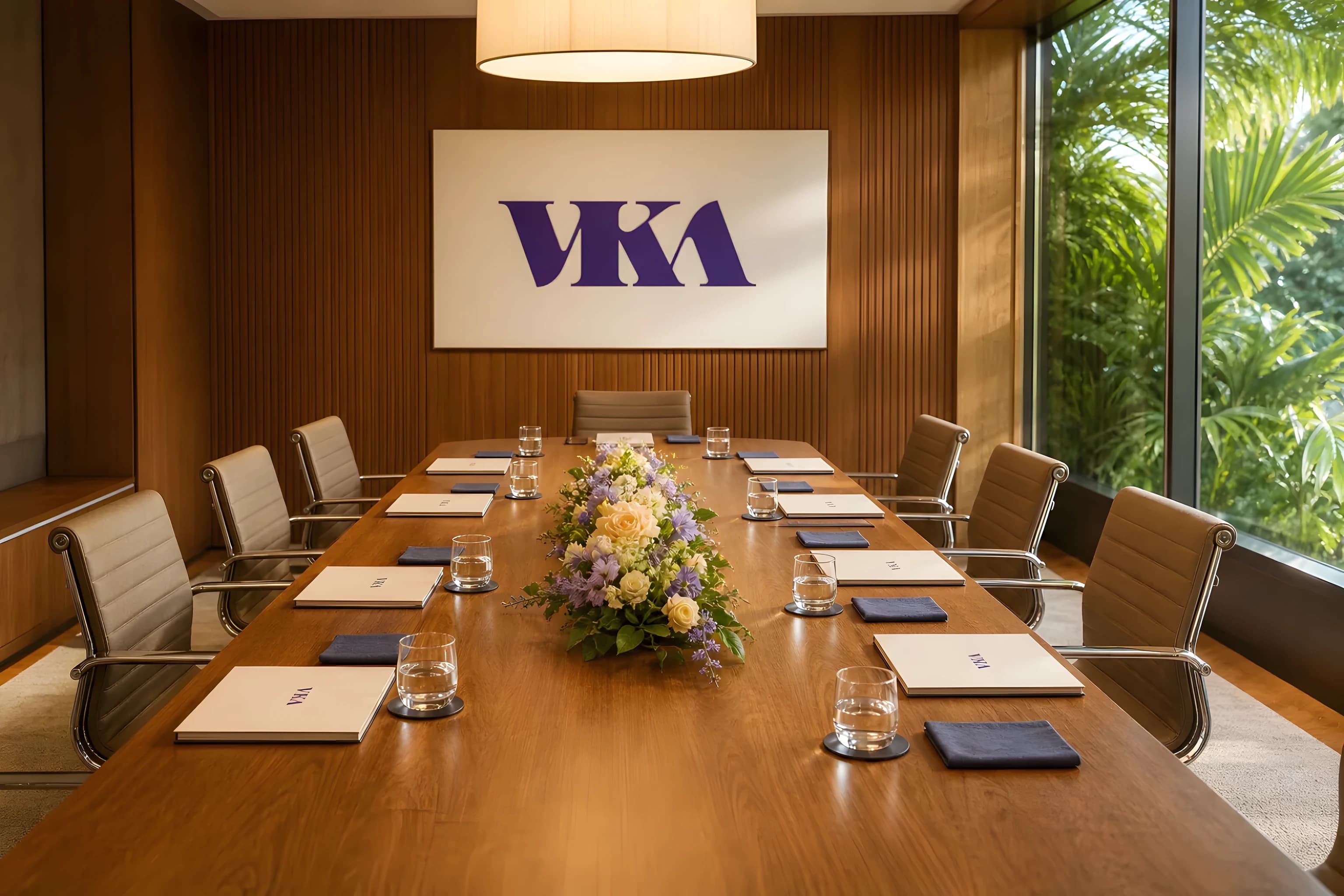 VKA conference room with a long oak table set with plain notepads and pens, a violet orchid centrepiece and a tray of purple-capped sample bottles, tropical greenery through a large window