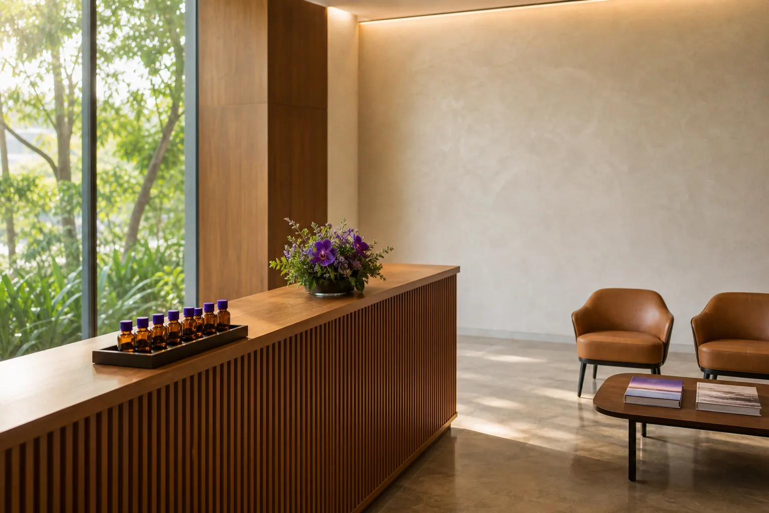 VKA reception lobby with a warm timber desk and a display of purple-capped sample bottles