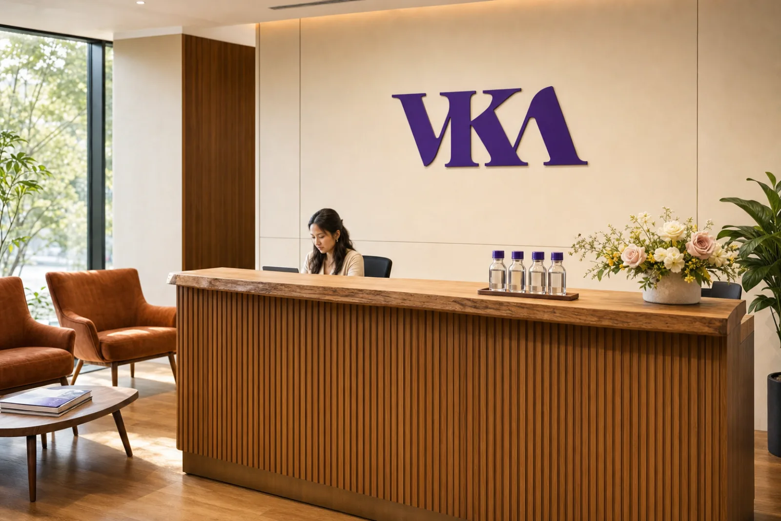 Lobi resepsionis VKA dengan brand mark VKA