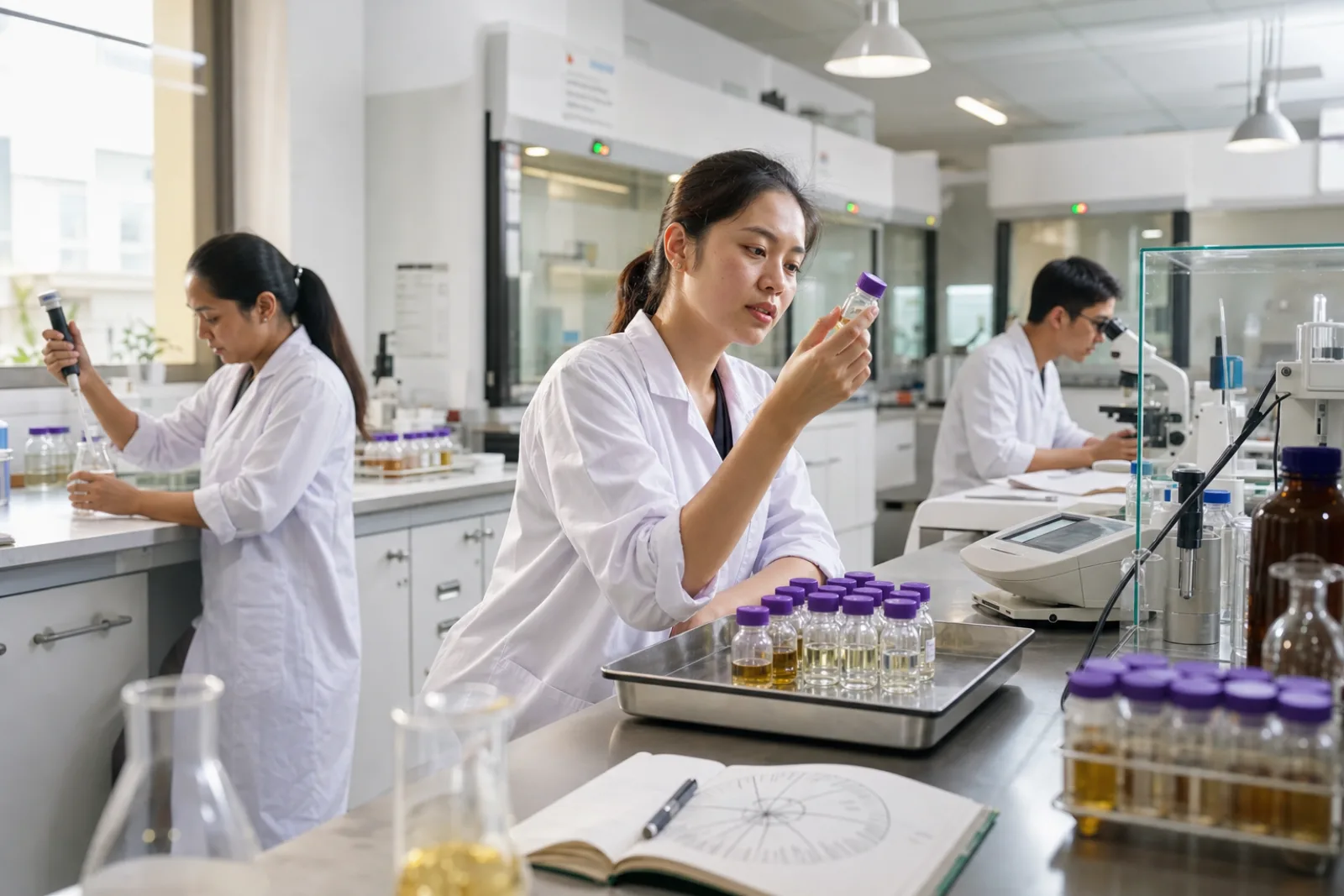 Pemandangan luas laboratorium R&D VKA, tiga ilmuwan cita rasa Asia di stasiun berbeda dengan botol sample bertutup ungu