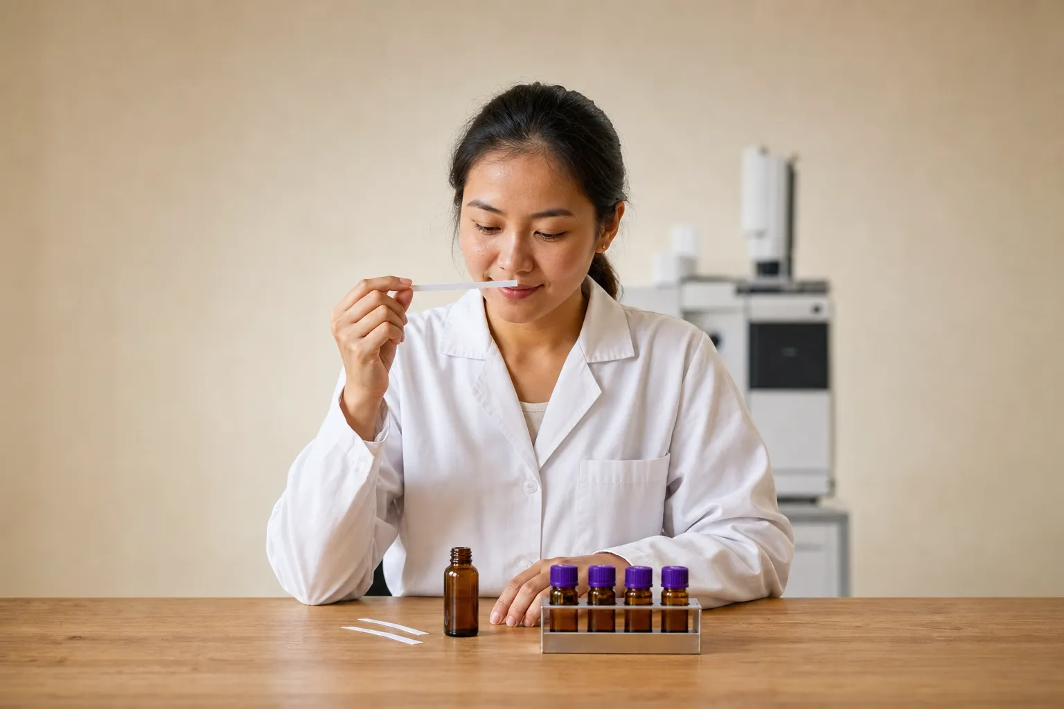 A VKA flavourist evaluating a flavour sample on a smelling strip in the application lab