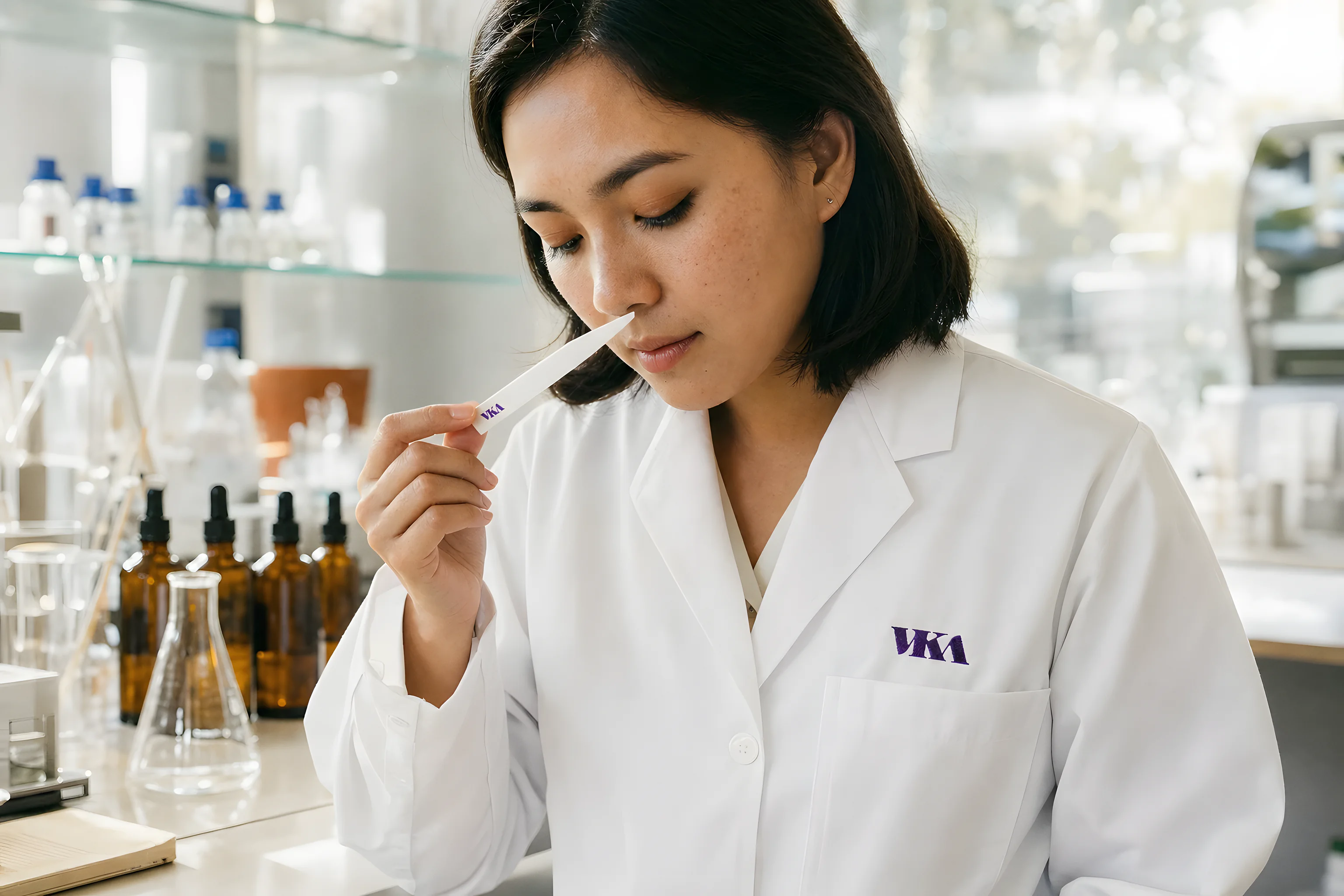 A VKA scientist evaluating an aroma from a smelling strip in a modern flavour laboratory