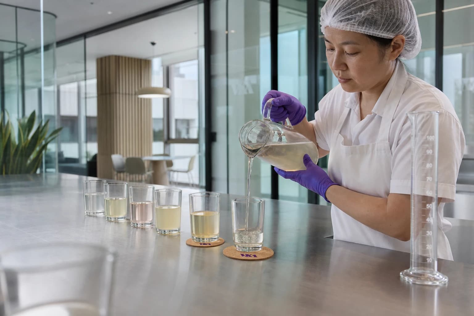 A beverage application bench with samples lined up for assessment