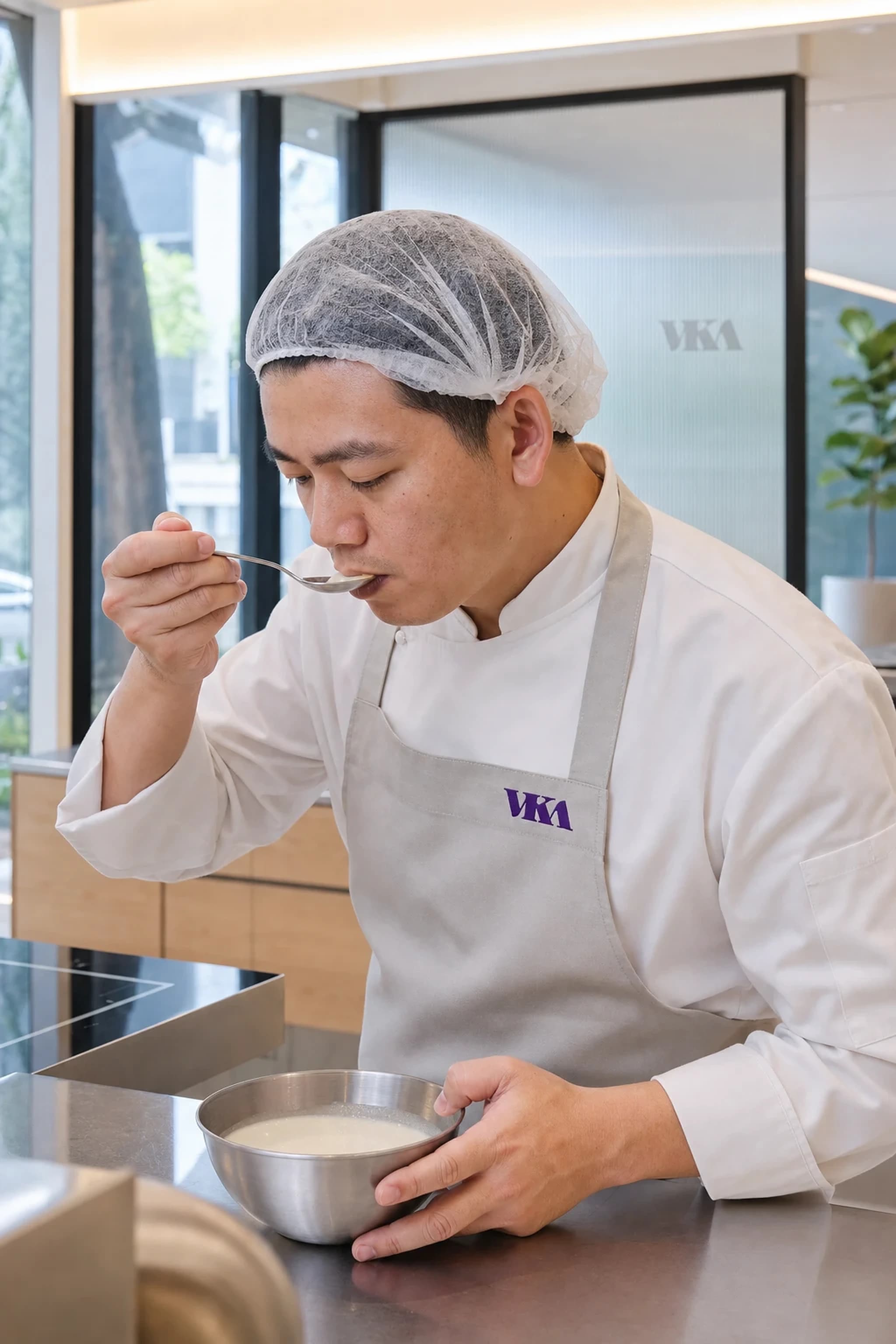 A food technologist tasting and evaluating a flavoured application in the kitchen