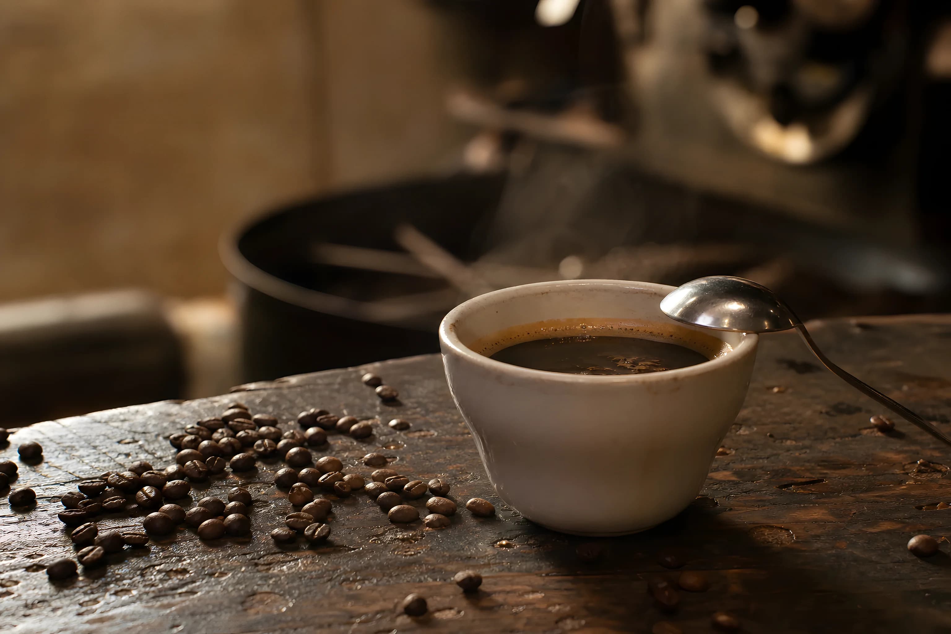 Coffee cupping with brewed cups and roasted beans, the kind of naturally bitter base whose off-notes flavour masking is built to tame