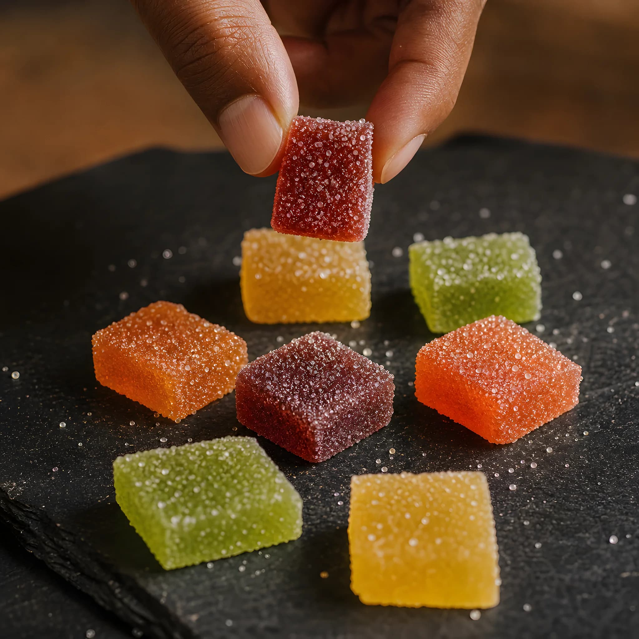 Glossy sugar-coated jelly sweets on a slate board