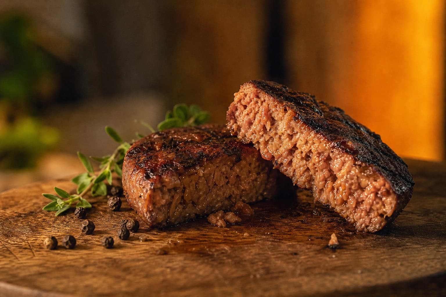 A plant-based patty searing in a hot pan, the meat-analogue texture and browning that plant-based flavour development works to get right