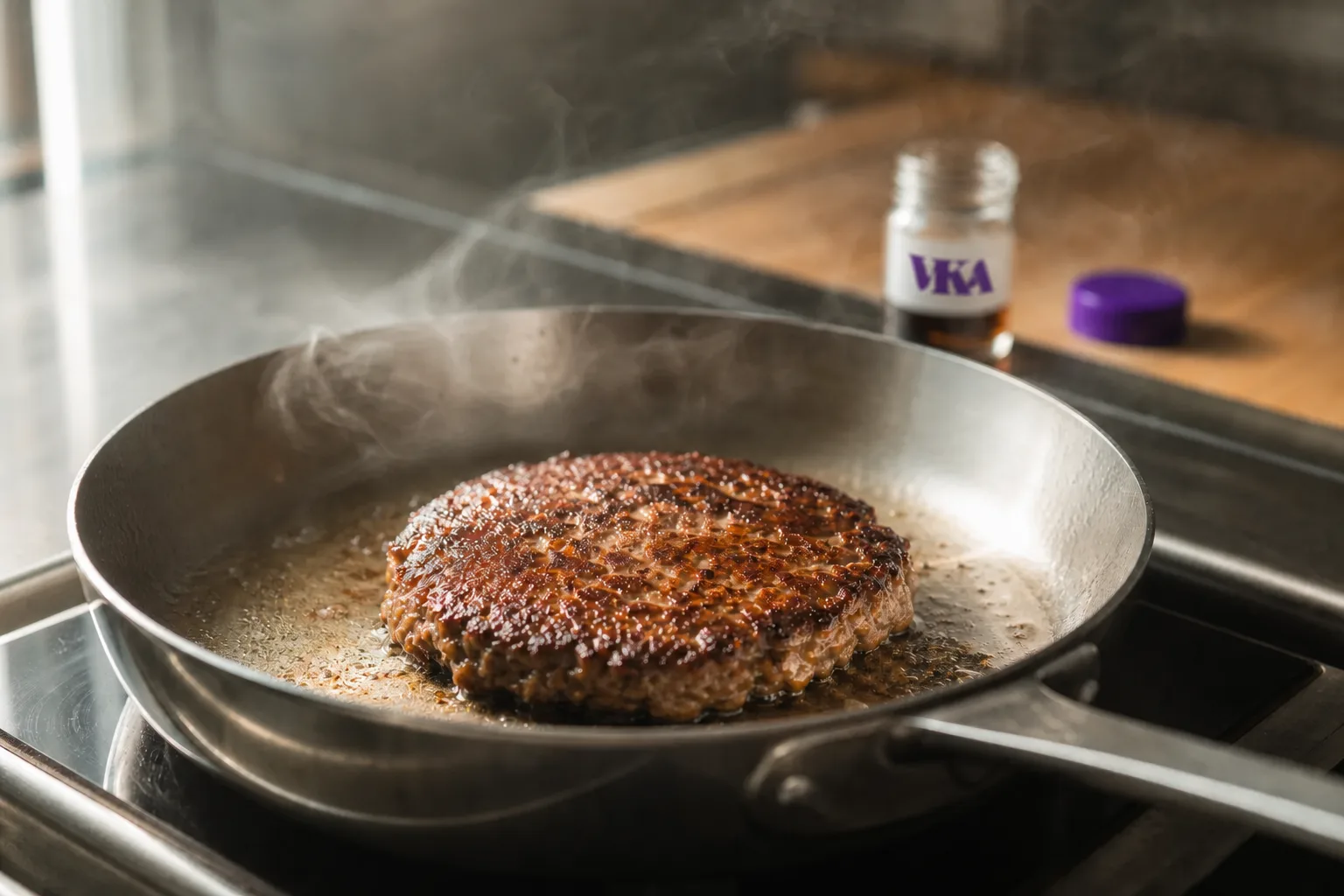A plant-based patty searing in a hot pan, the meat-analogue texture and browning that plant-based flavour development works to get right