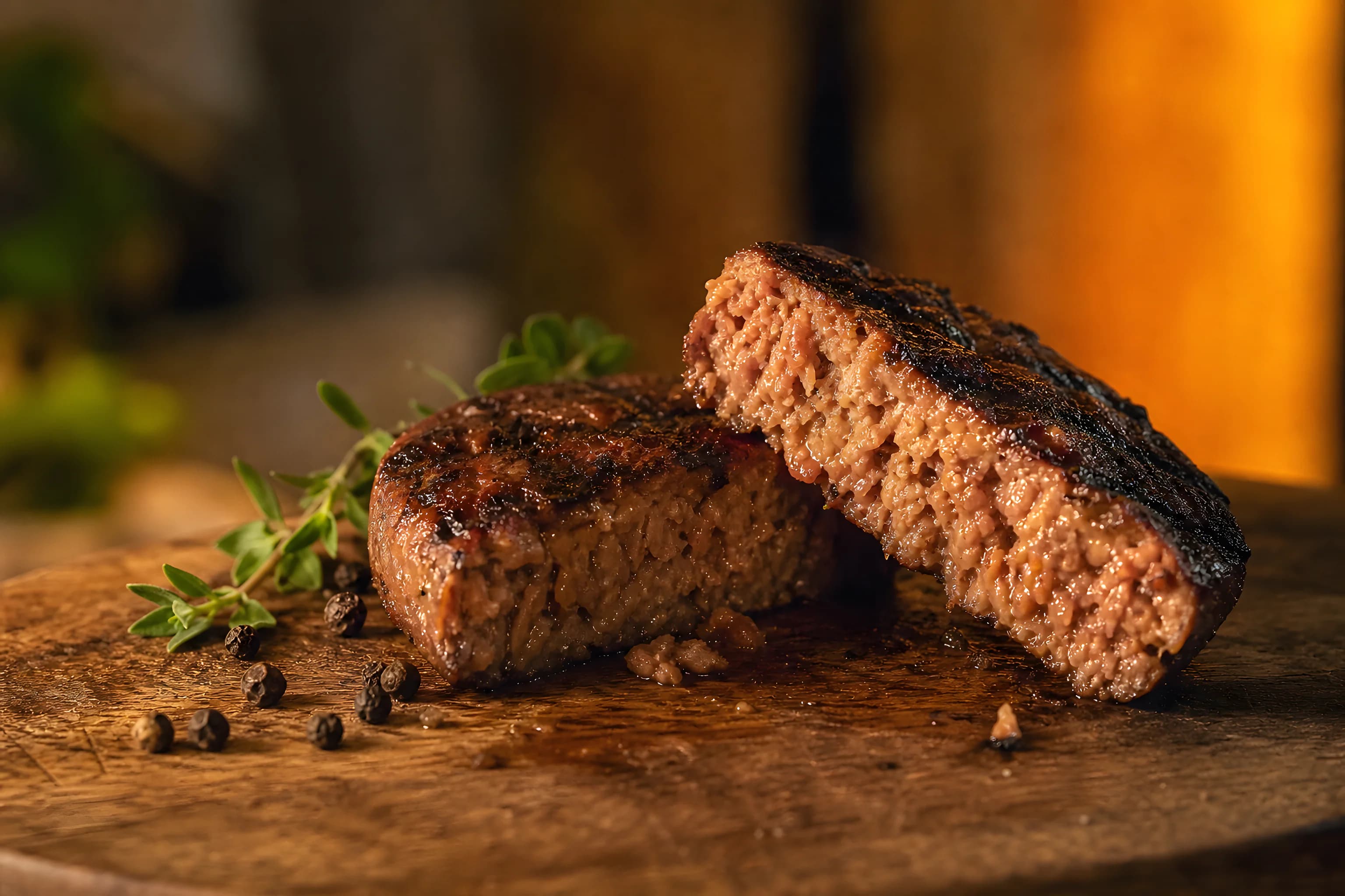 A plant-based patty searing in a hot pan, the meat-analogue texture and browning that plant-based flavour development works to get right