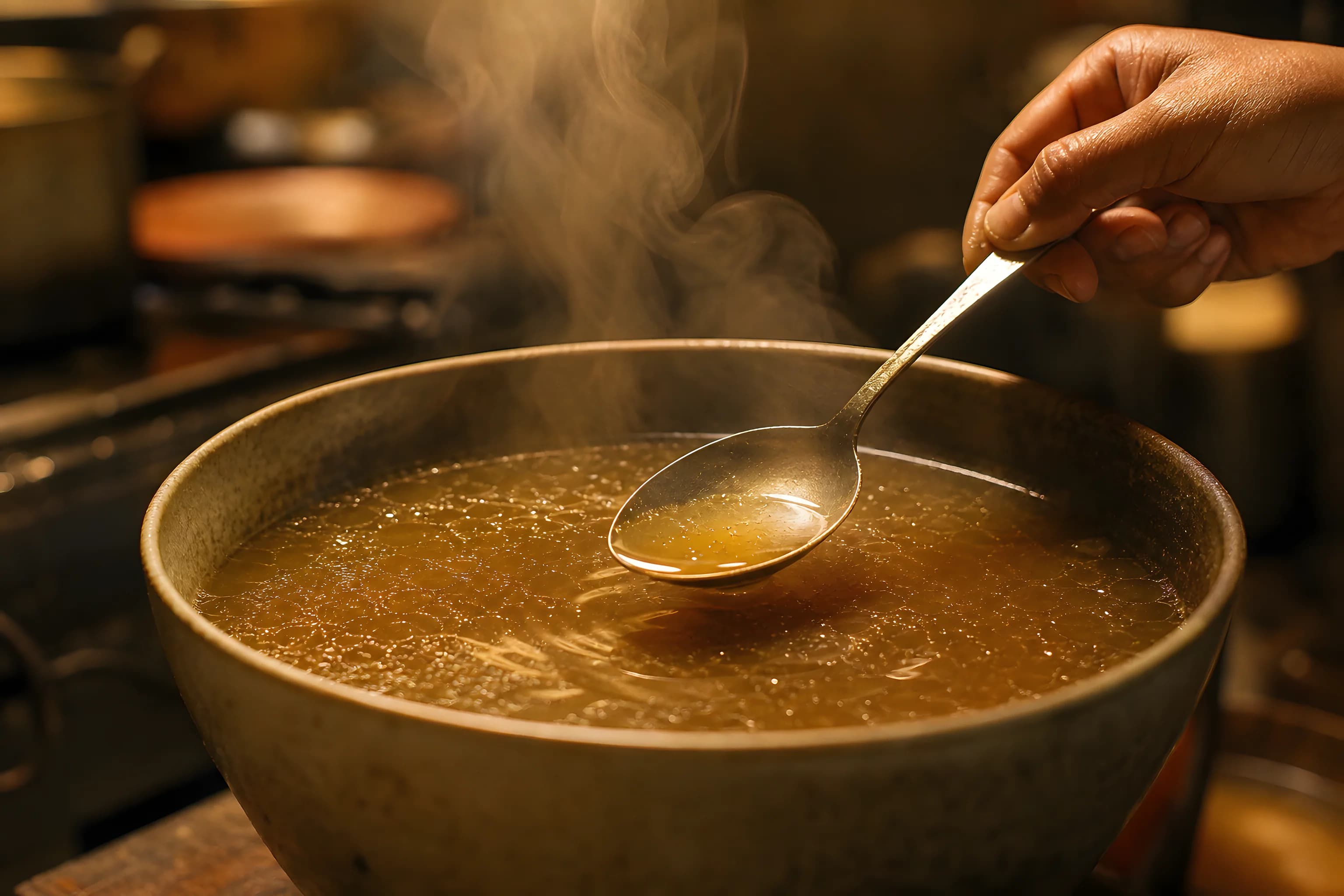 A steaming bowl of savoury broth