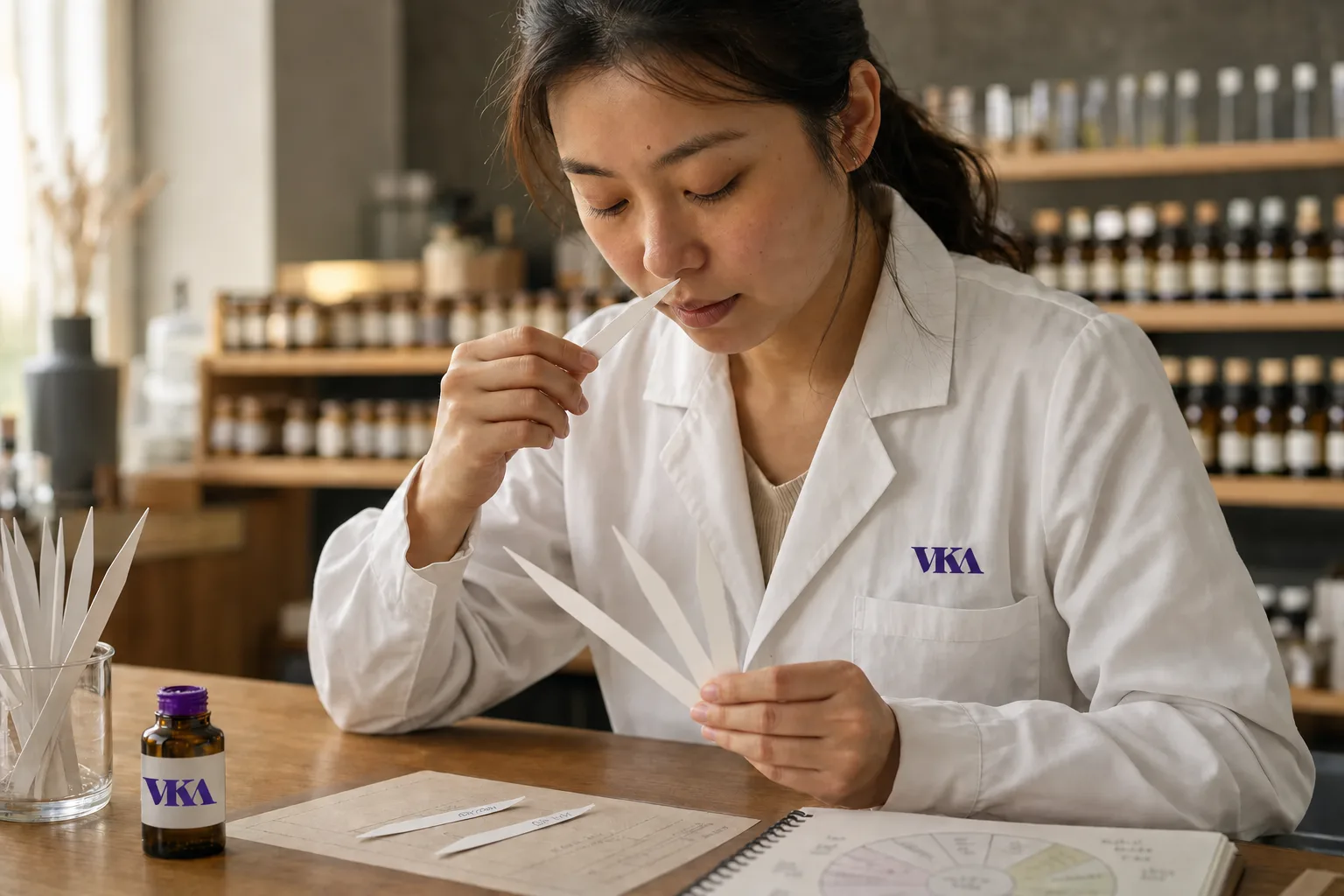 A VKA flavourist evaluating a flavour sample on a smelling strip in the application lab