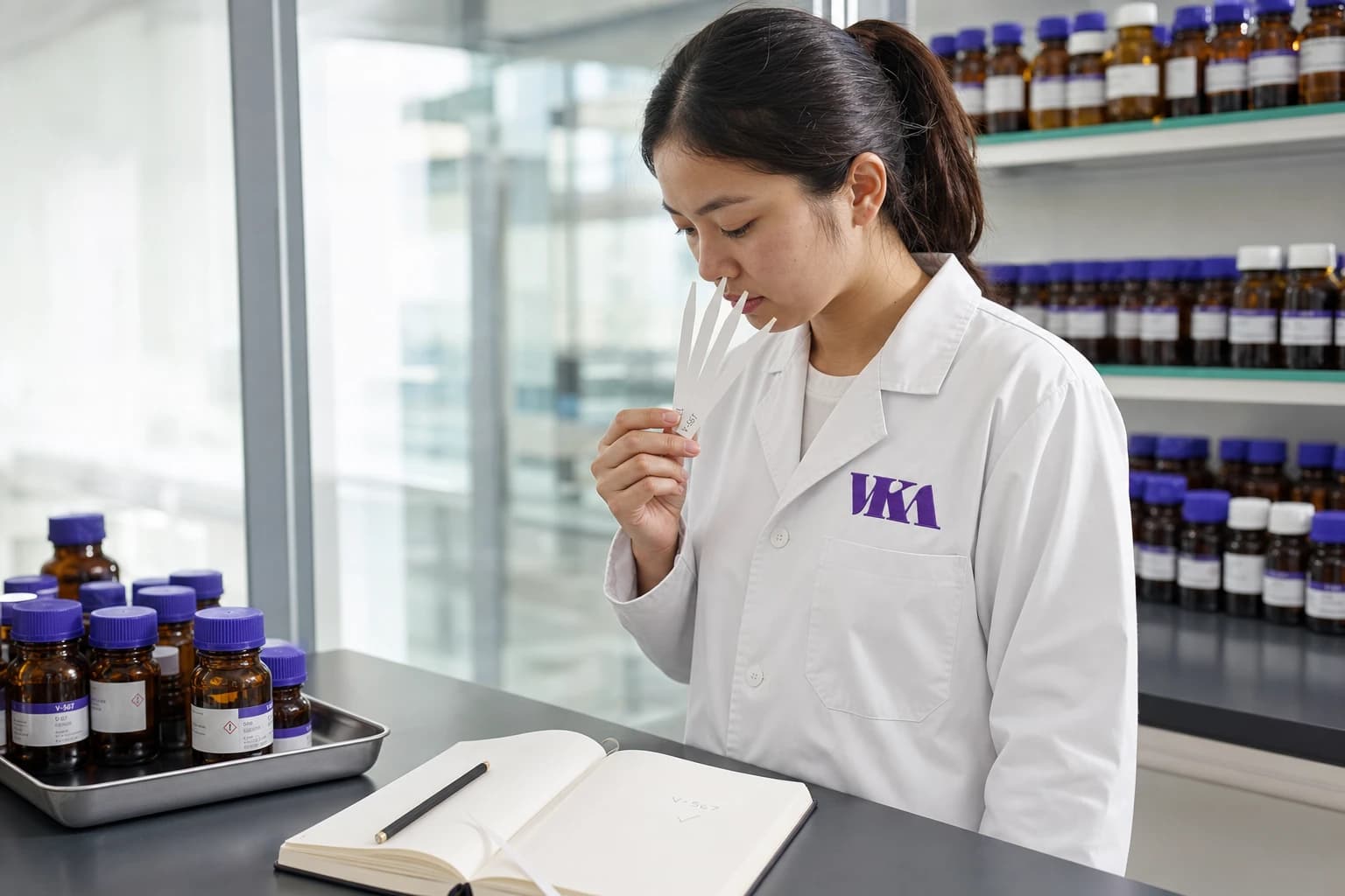 A VKA flavourist evaluating an aroma on a smelling strip at the bench