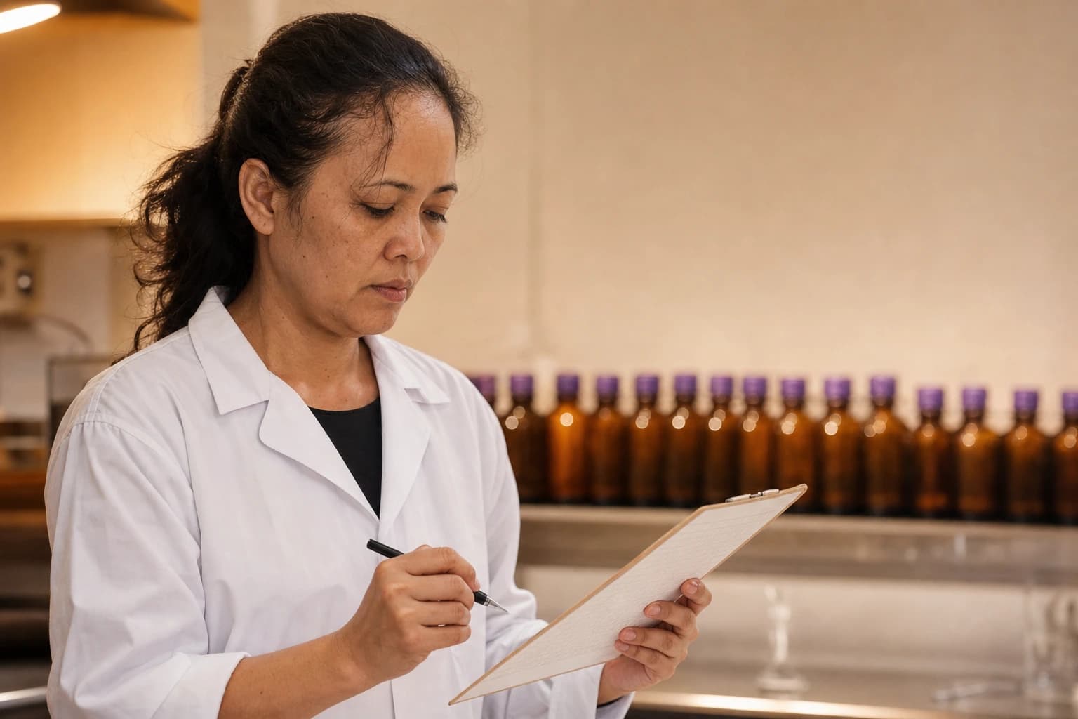 A flavour formula sheet on a compounding bench beside a precision balance and labelled ingredient bottles, the working documents of custom flavour development