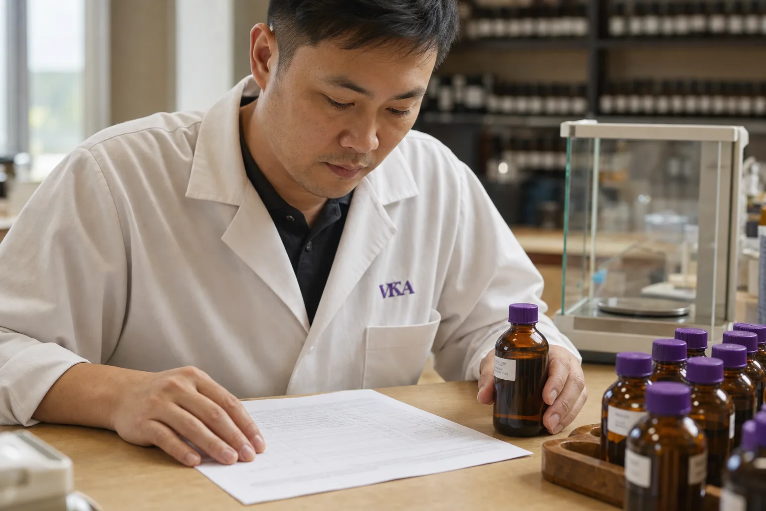 A flavour formula sheet on a compounding bench beside a precision balance and labelled ingredient bottles, the working documents of custom flavour development
