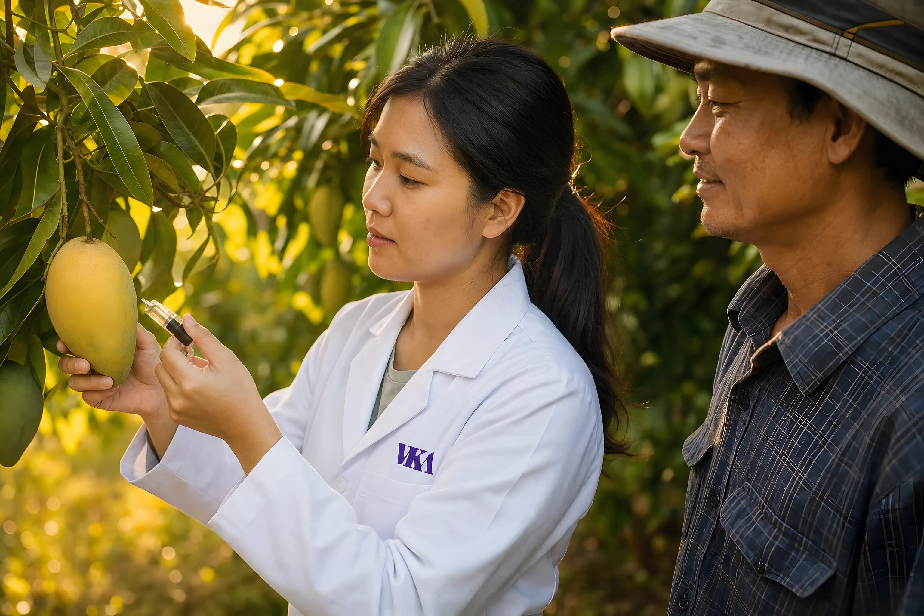 Pekerja memanen mangga matang di kebun Asia saat cahaya keemasan