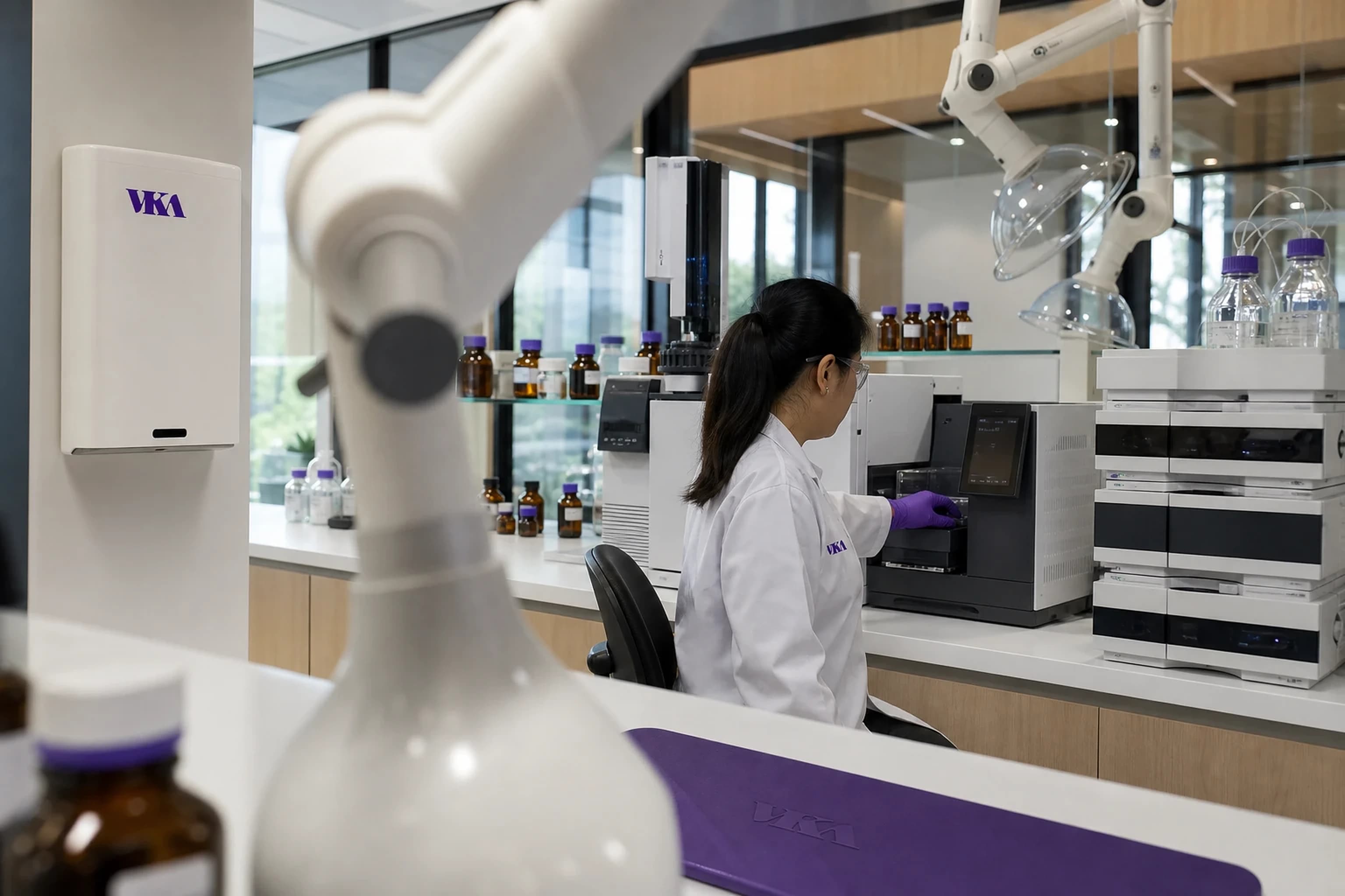 A VKA analyst at the instrument bench in the analytical laboratory