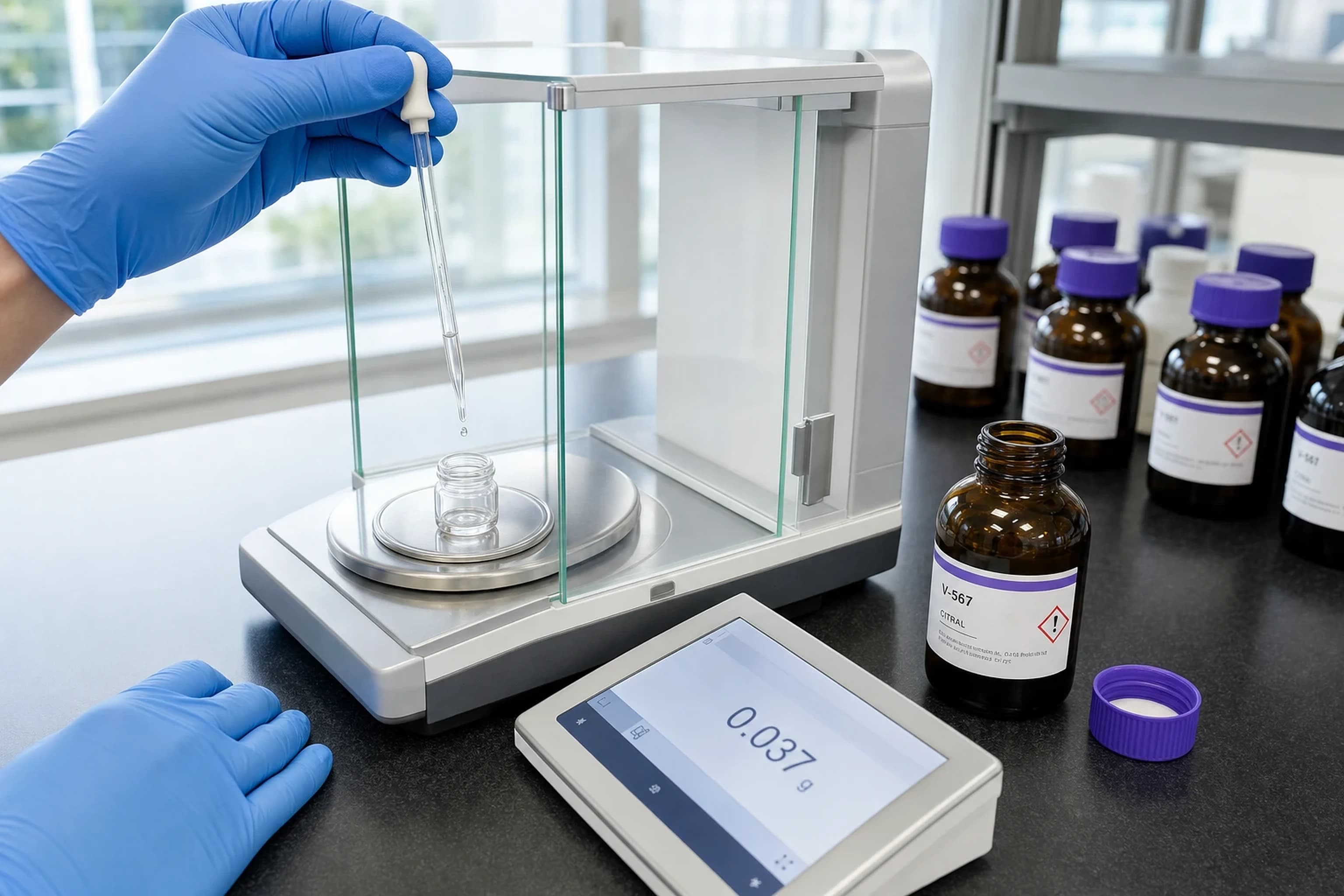 A VKA flavourist dosing a flavour oil on an analytical balance