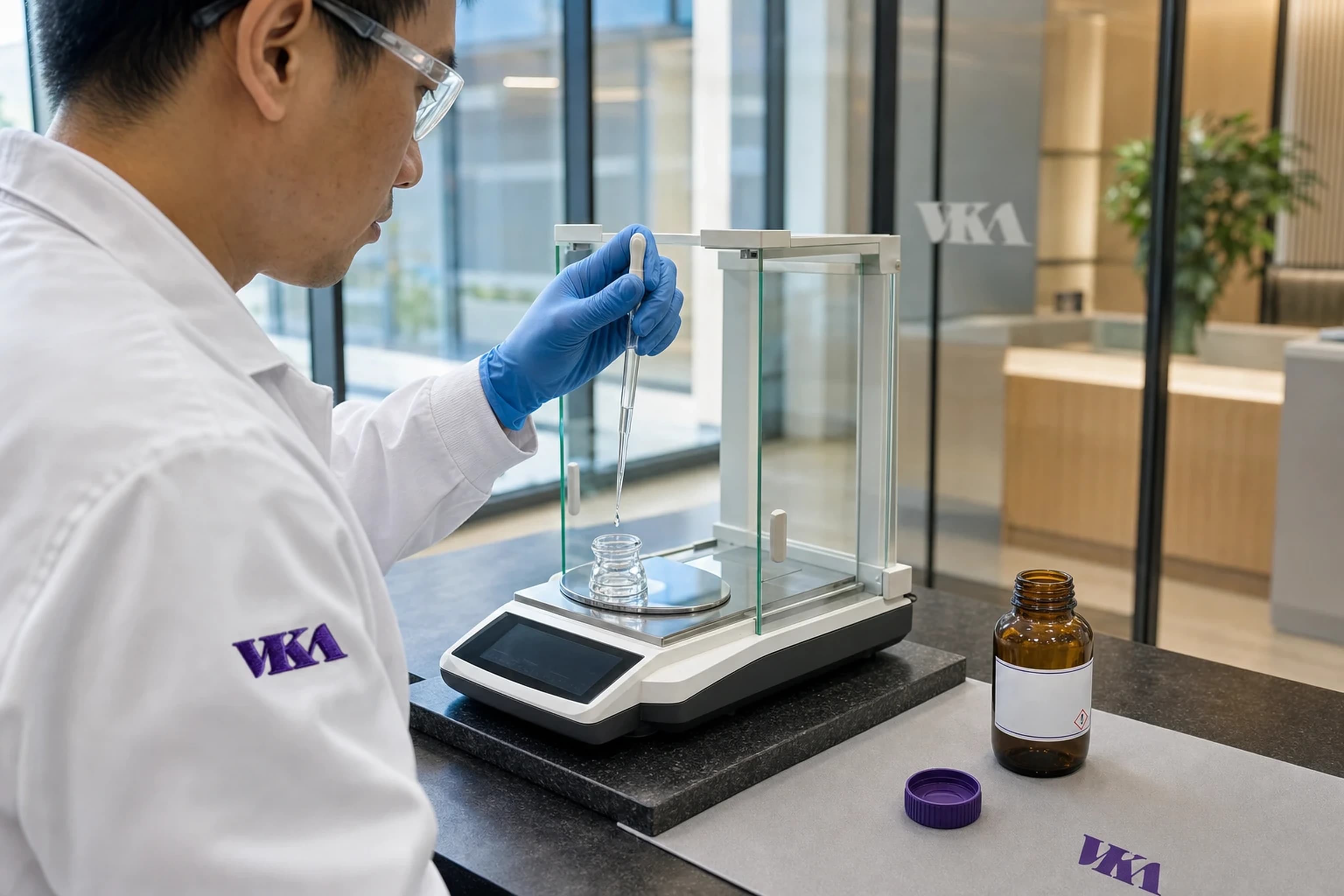 A VKA technologist in nitrile gloves and safety glasses adding a measured drop by glass pipette onto an analytical balance