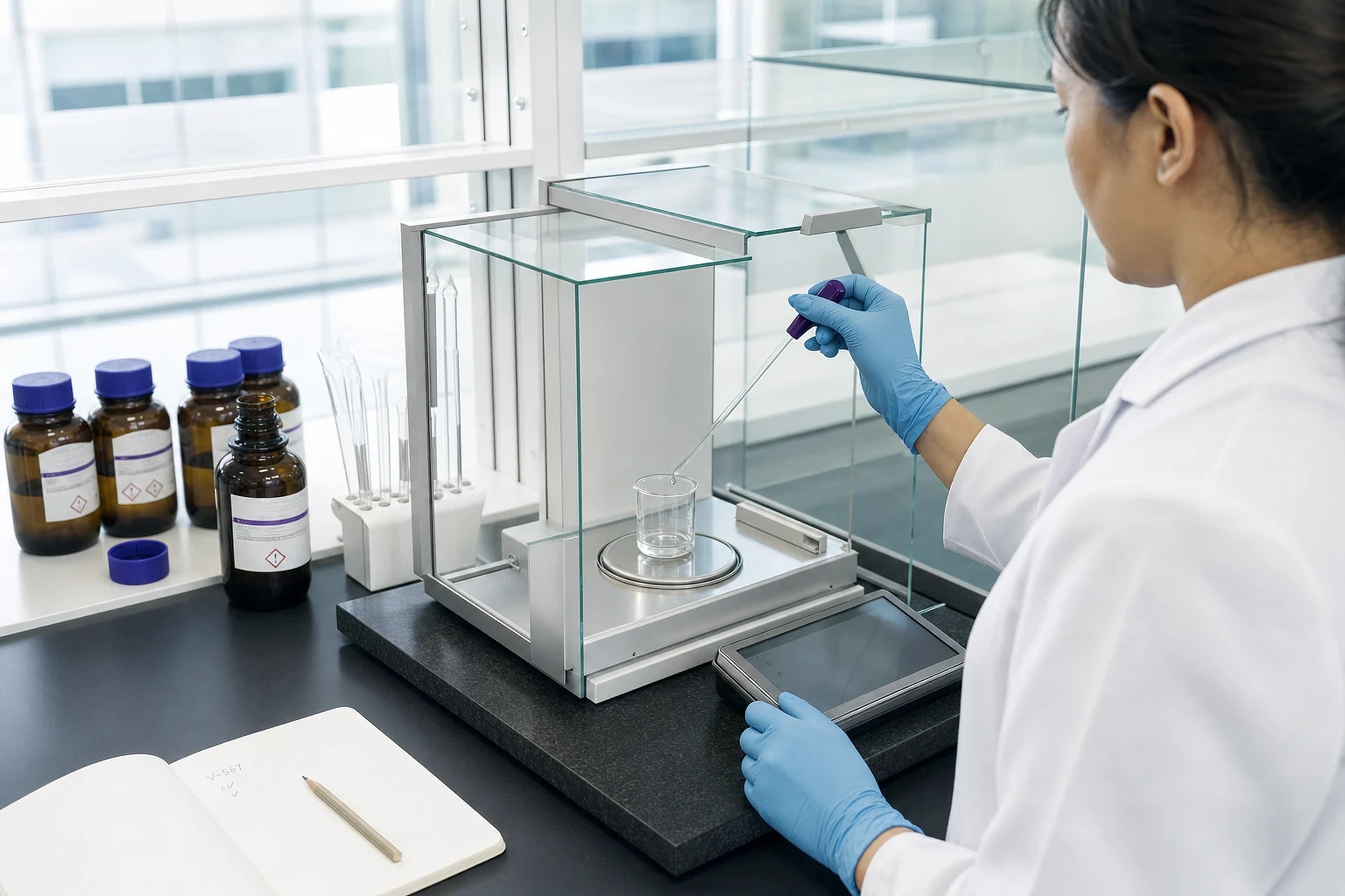 A VKA technologist dispensing a flavour component by glass pipette into a beaker on a precision balance