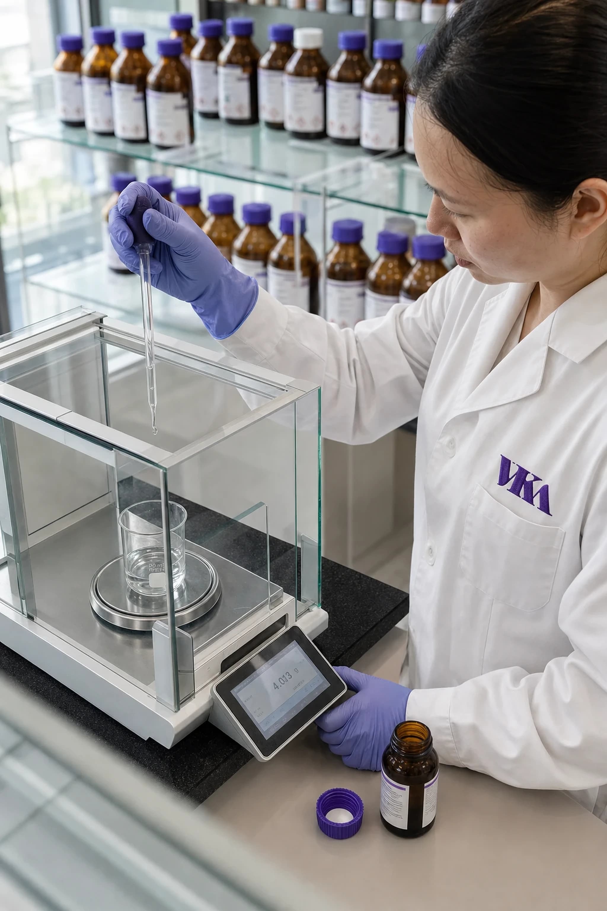 A VKA flavourist dosing a flavour component by glass pipette into a beaker on a precision balance, with labelled ingredient bottles shelved behind