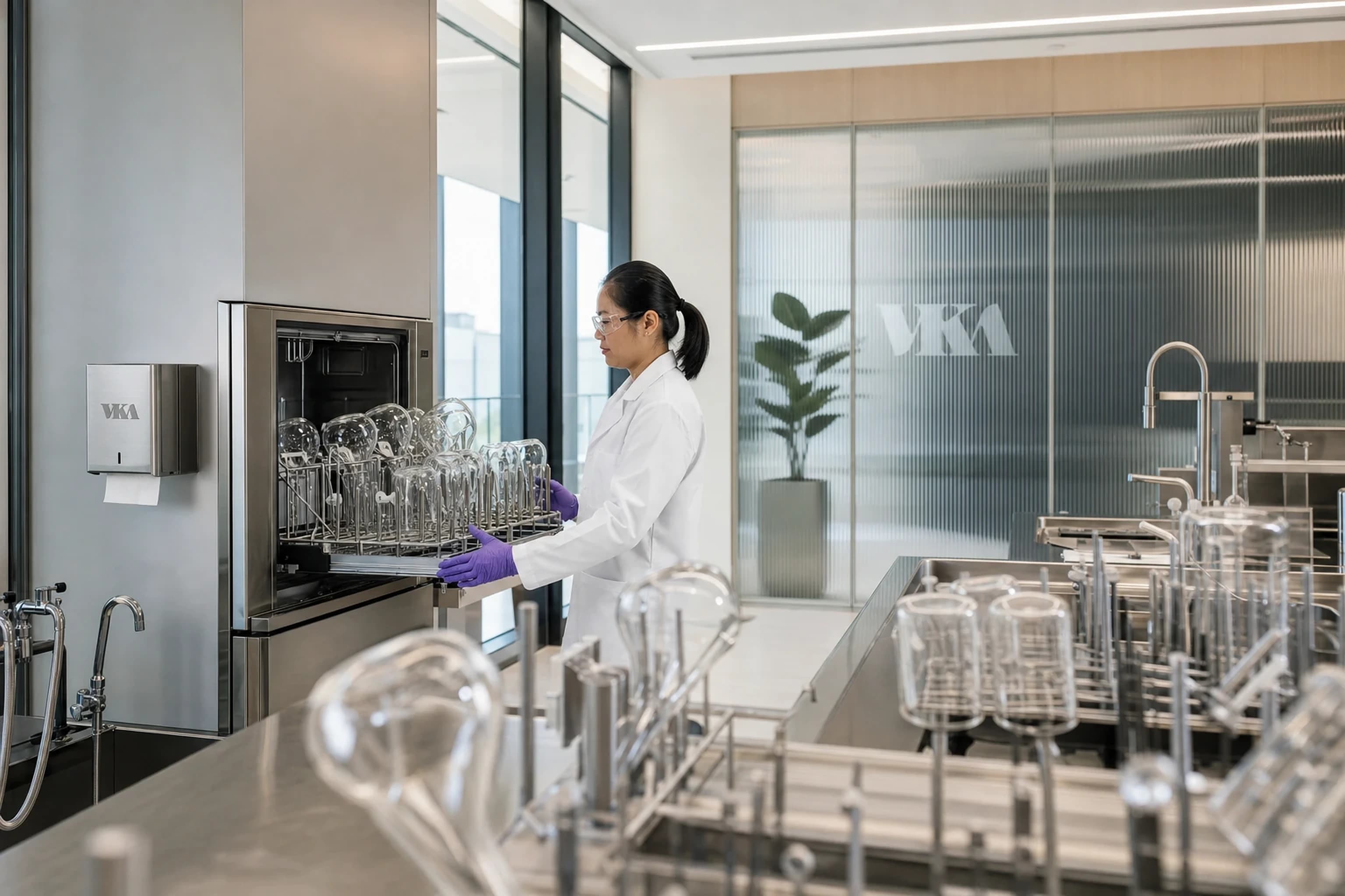 Stasiun glasswash laboratorium dengan rak pengeringan alat gelas