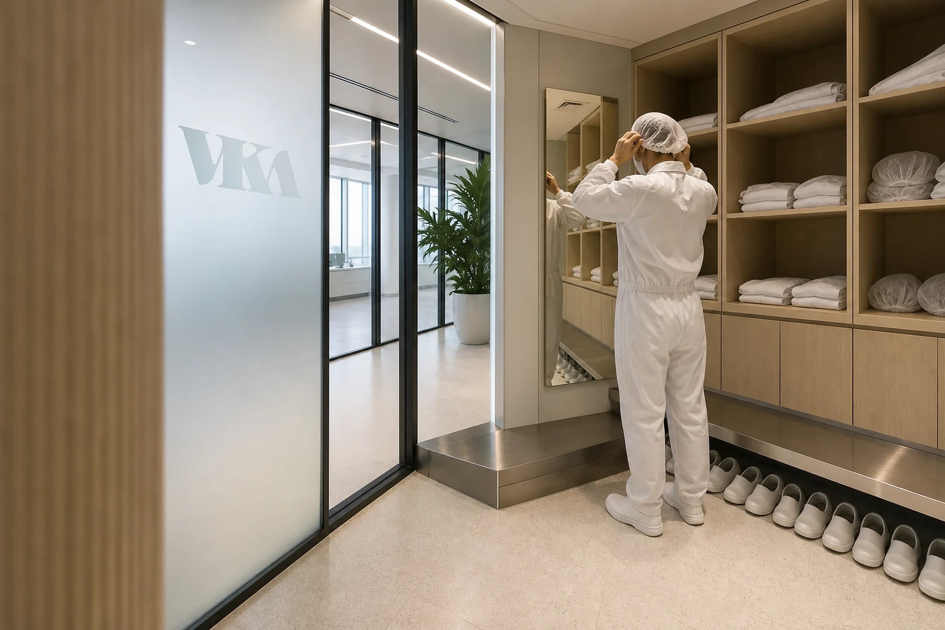 Gowning lobby with coats and hairnets at the entrance to the laboratory corridor