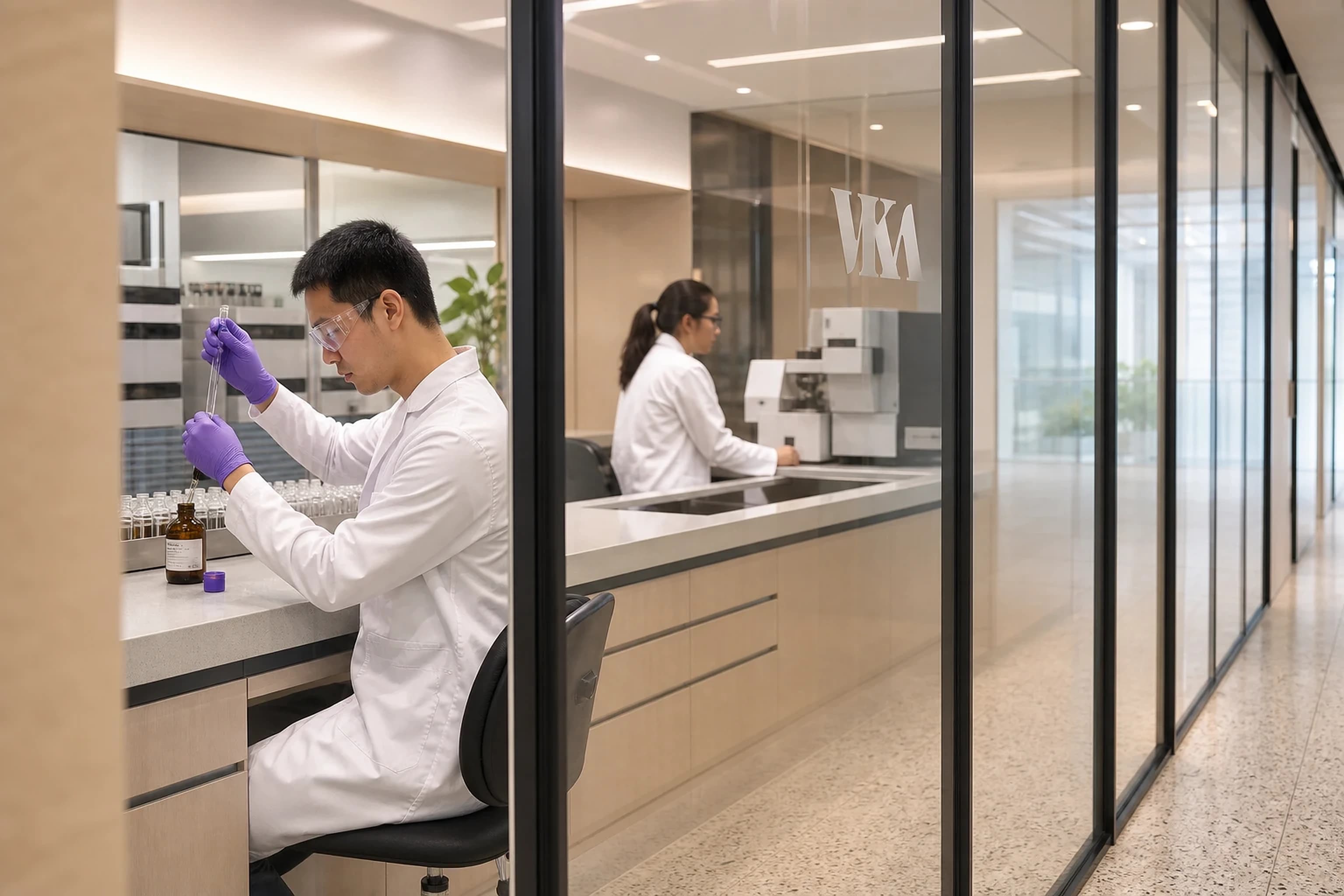Glazed corridor looking into working laboratories
