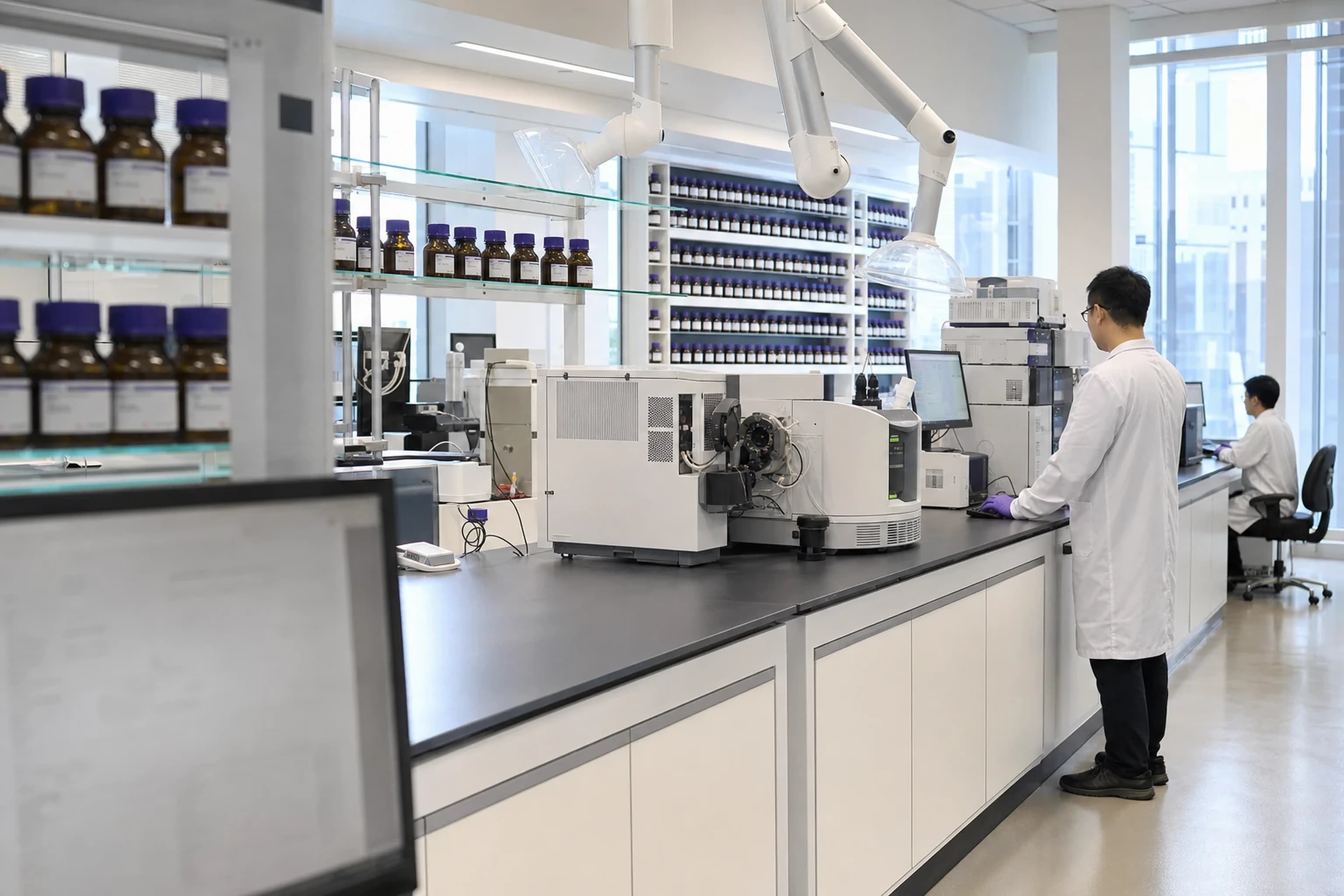 VKA 分析实验室,仪器台与试剂架沿窗墙一字排开