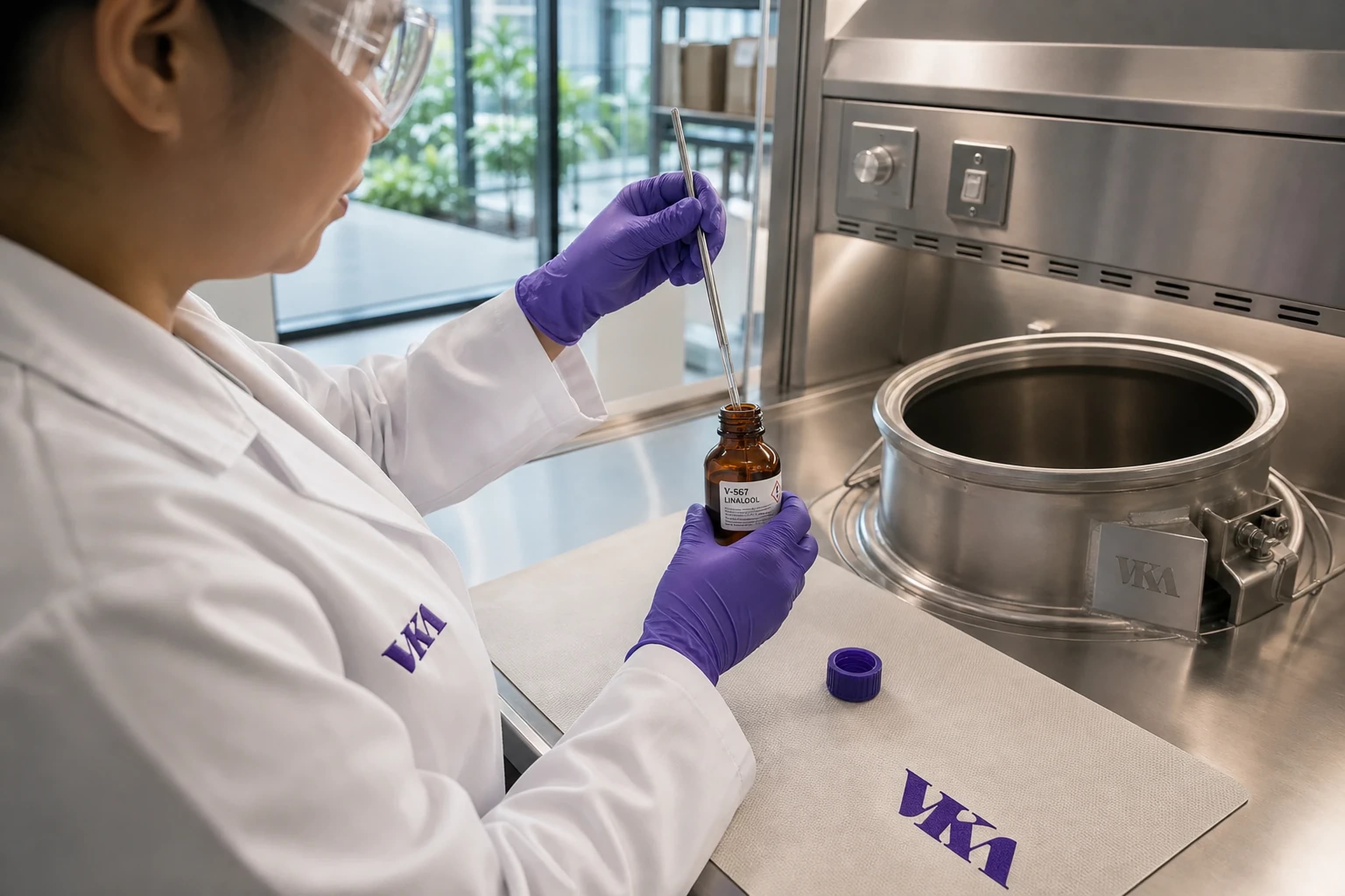 Technician drawing a sample from an incoming raw material container