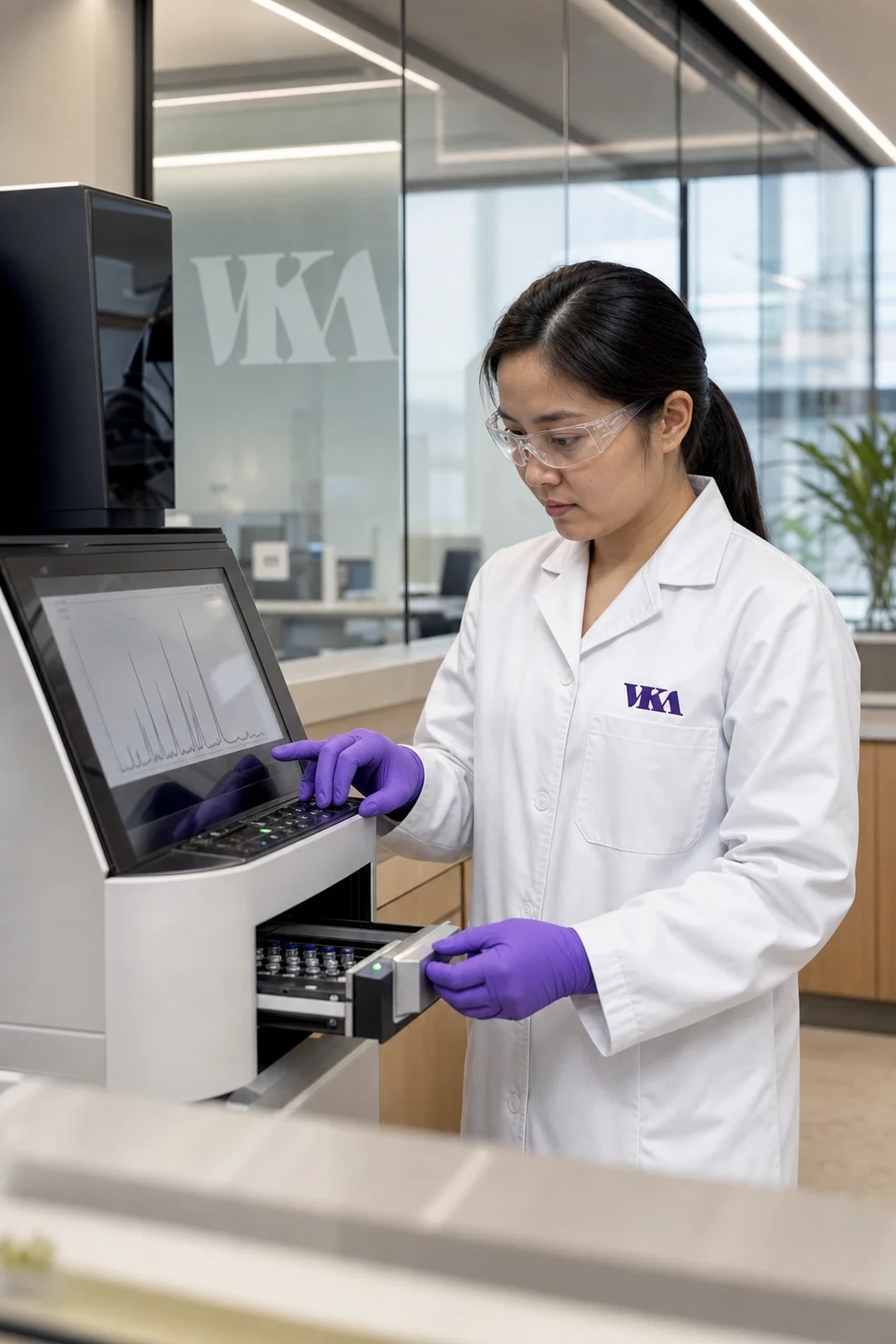 A VKA analyst loading sample vials into the autosampler in the Singapore laboratory
