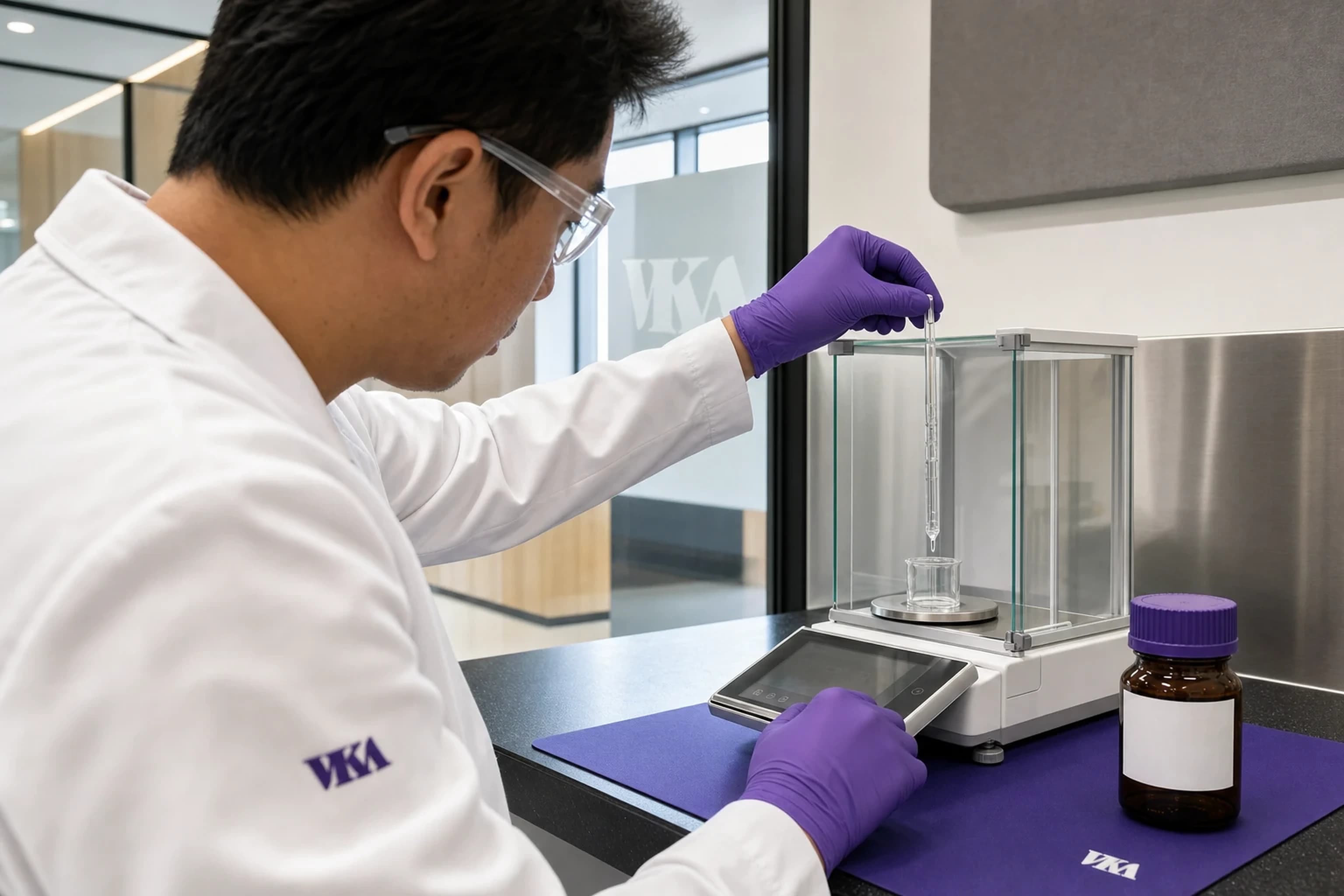 一位 VKA 技术人员在精密天平上称量风味原料