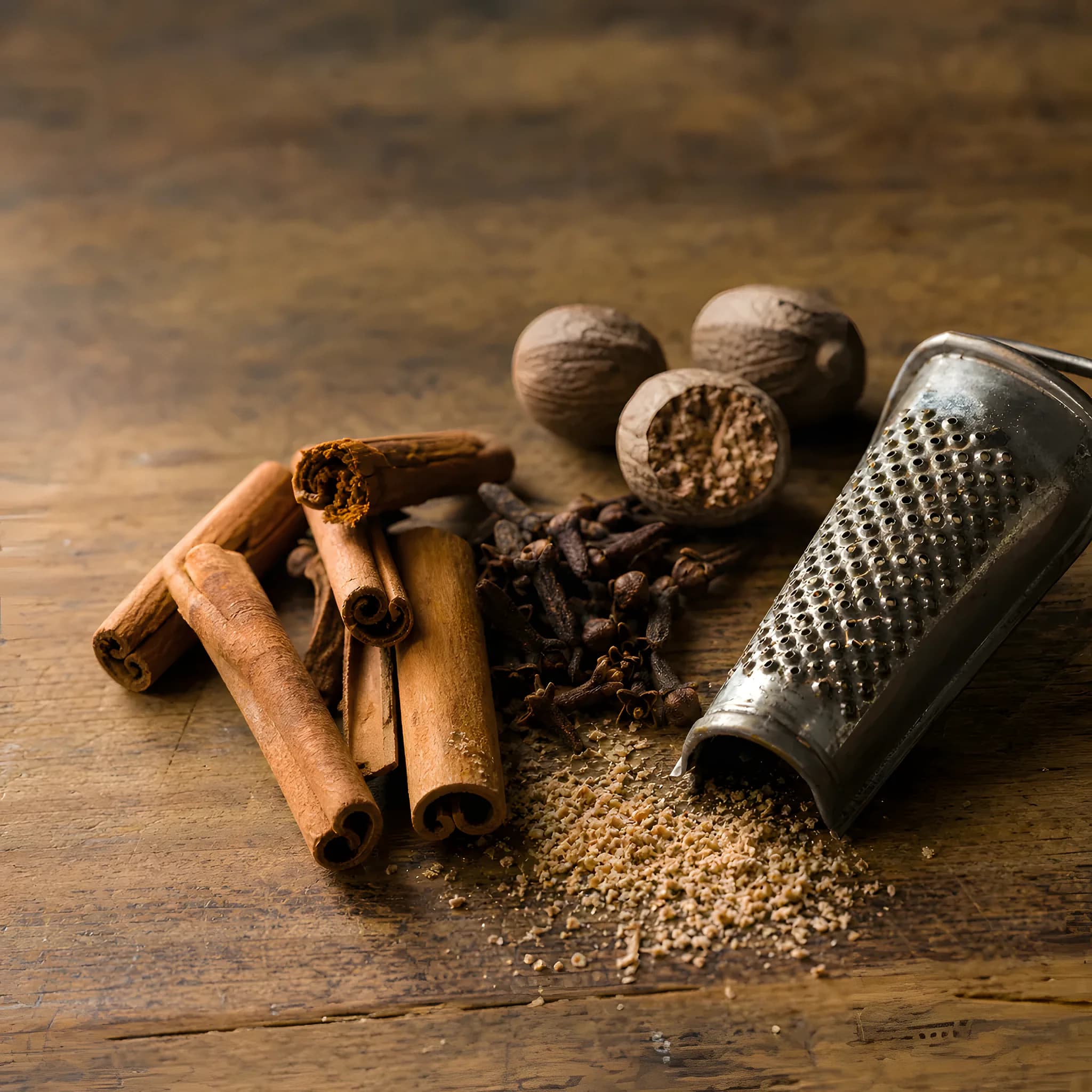 Whole cloves beside cinnamon sticks, three nutmegs, one cut in half, and a metal grater on a wooden table