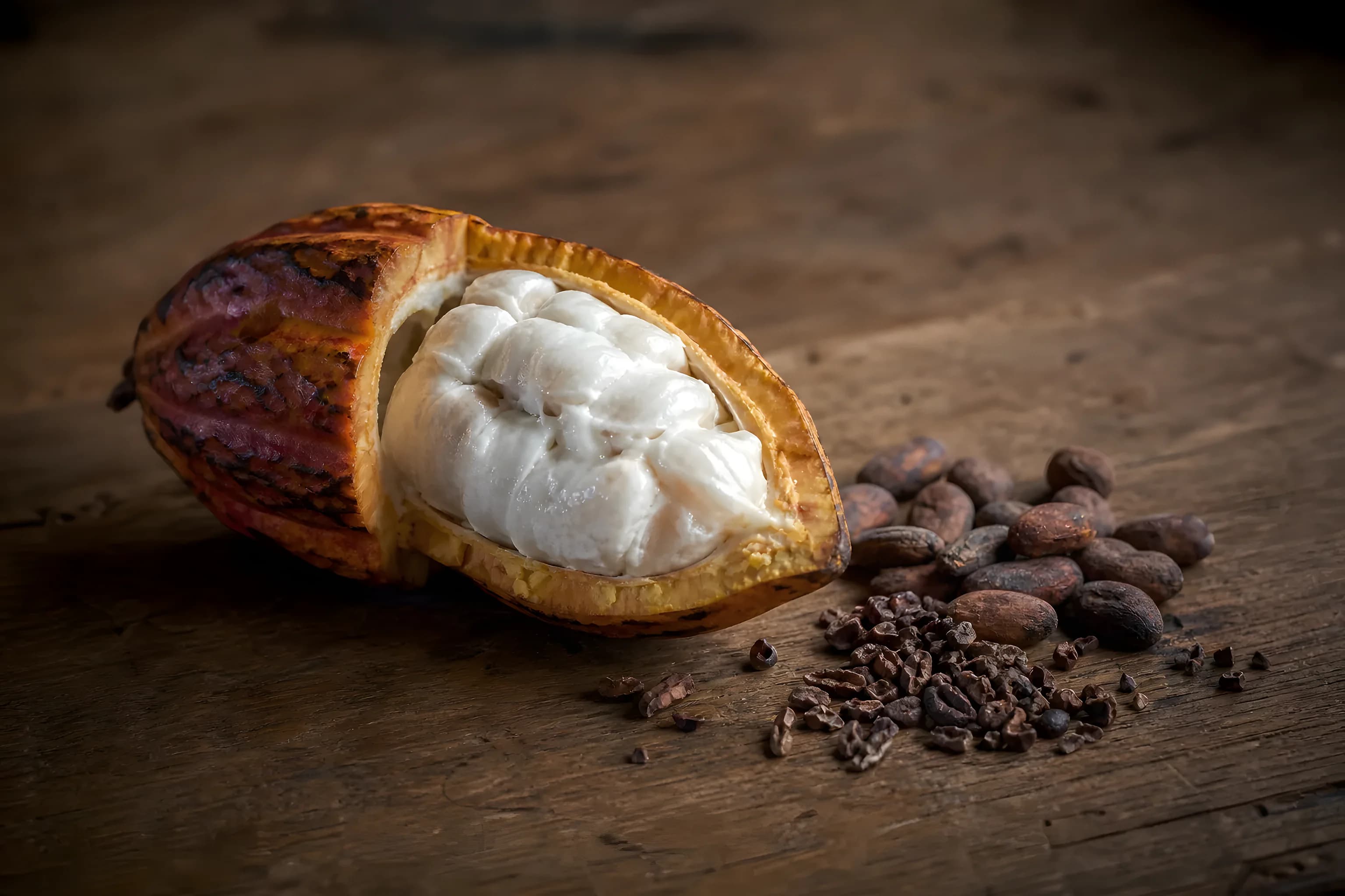 An opened cocoa pod with white pulp beside brown cocoa beans and broken nibs on a wooden table