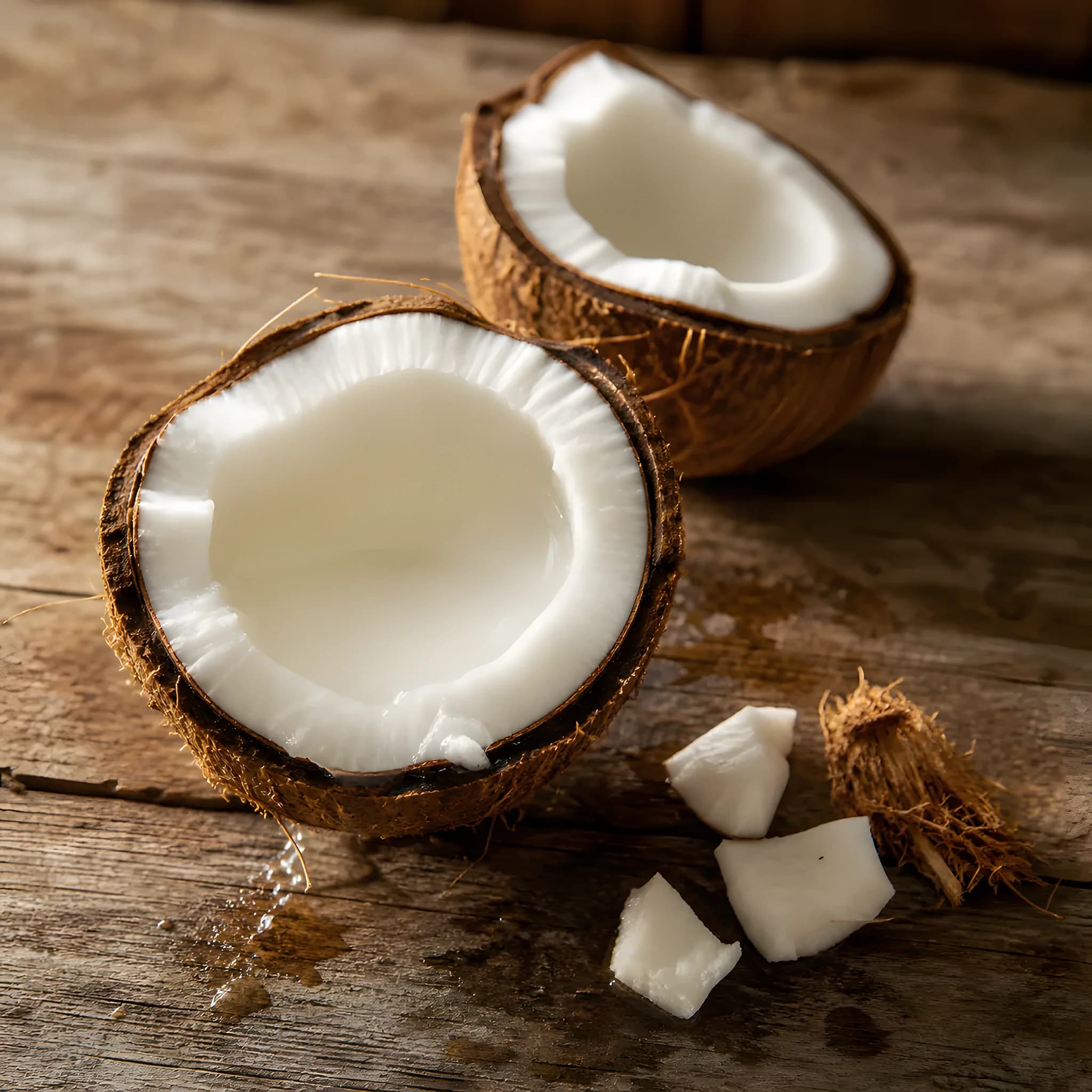 Coconut halves and pieces on a wooden surface