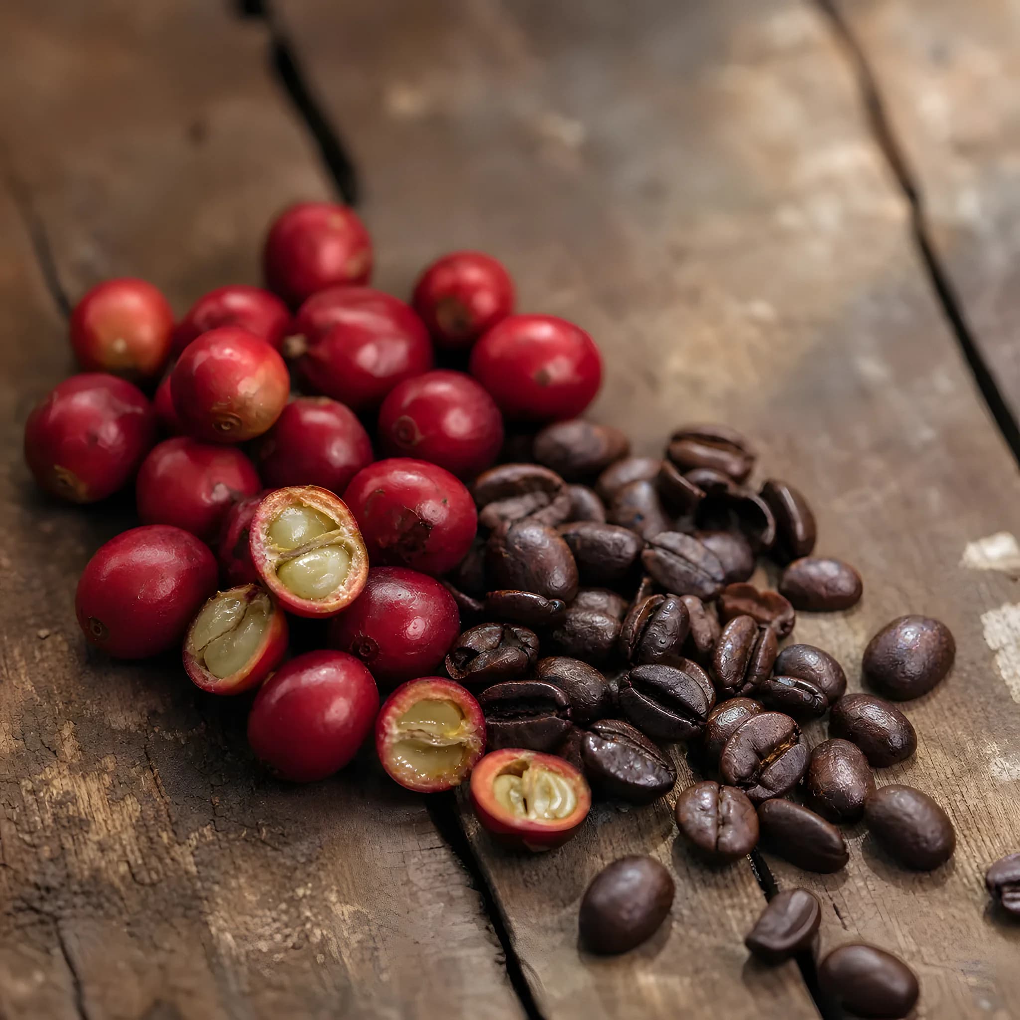 Red coffee cherries, some cut open to show pale seeds, beside roasted coffee beans on a wooden board