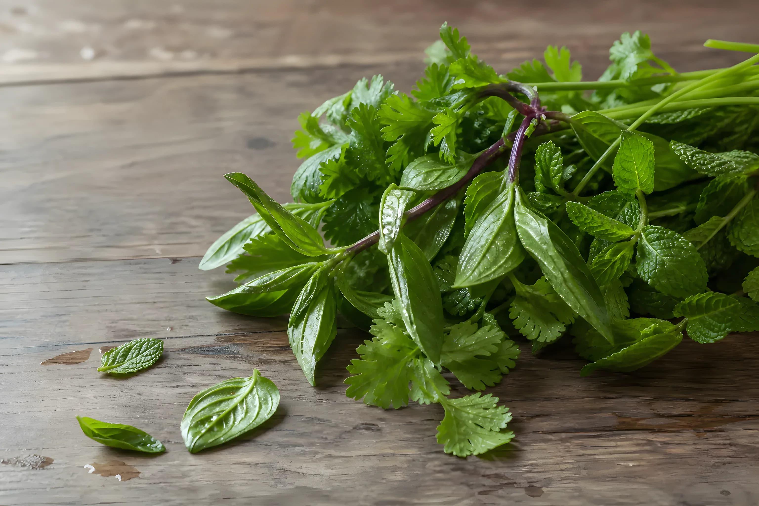 Fresh coriander, basil and mint leaves on a wooden table