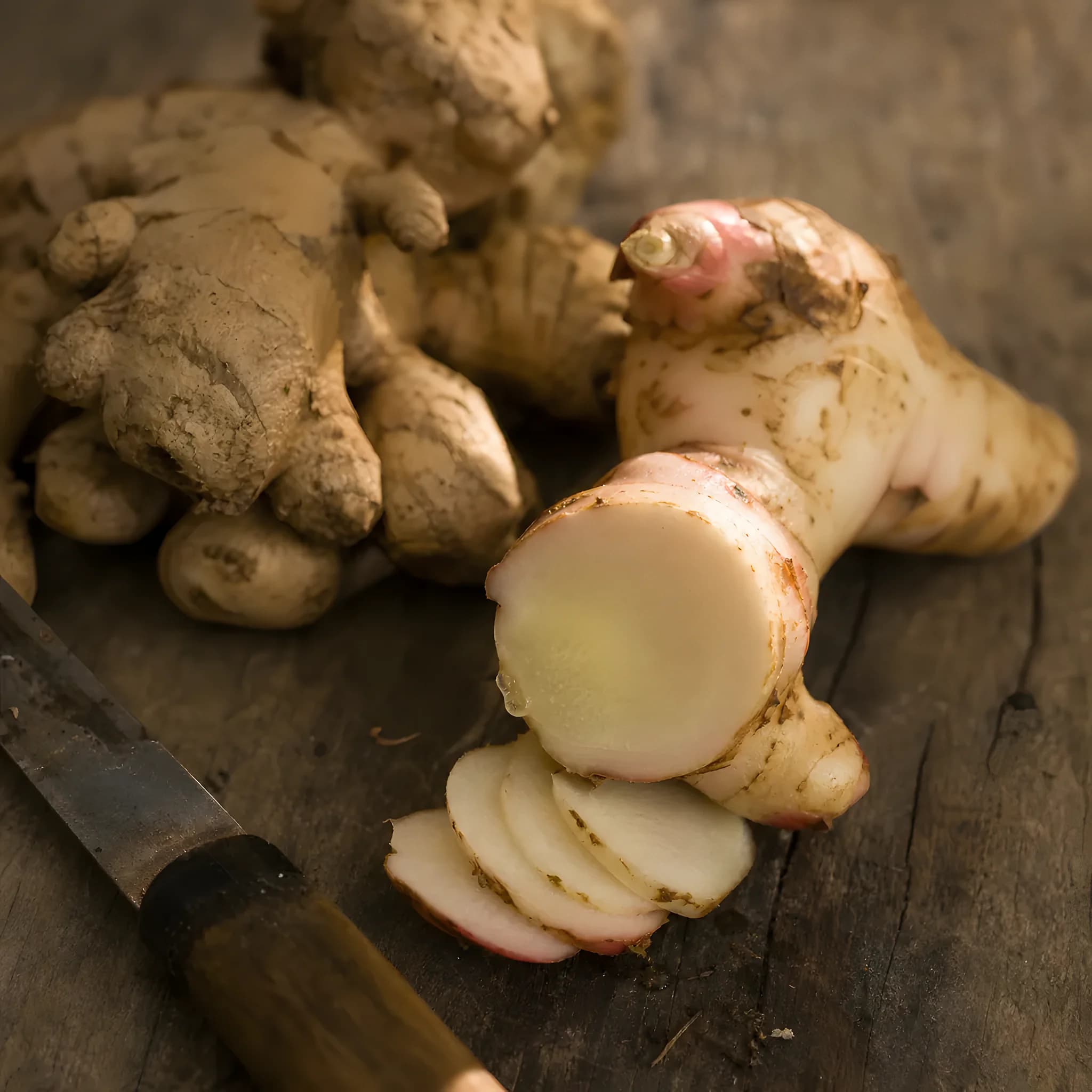 Knobbly ginger rhizomes beside a pale, pink-tinged rhizome cut into slices, with a knife on a dark wooden board