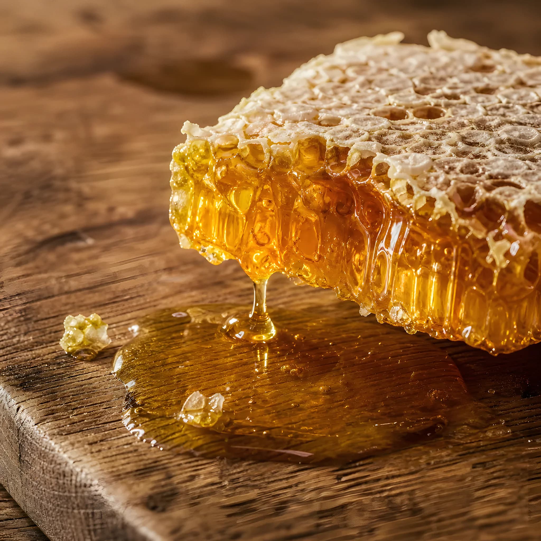 A piece of honeycomb dripping honey into a pool on a wooden board
