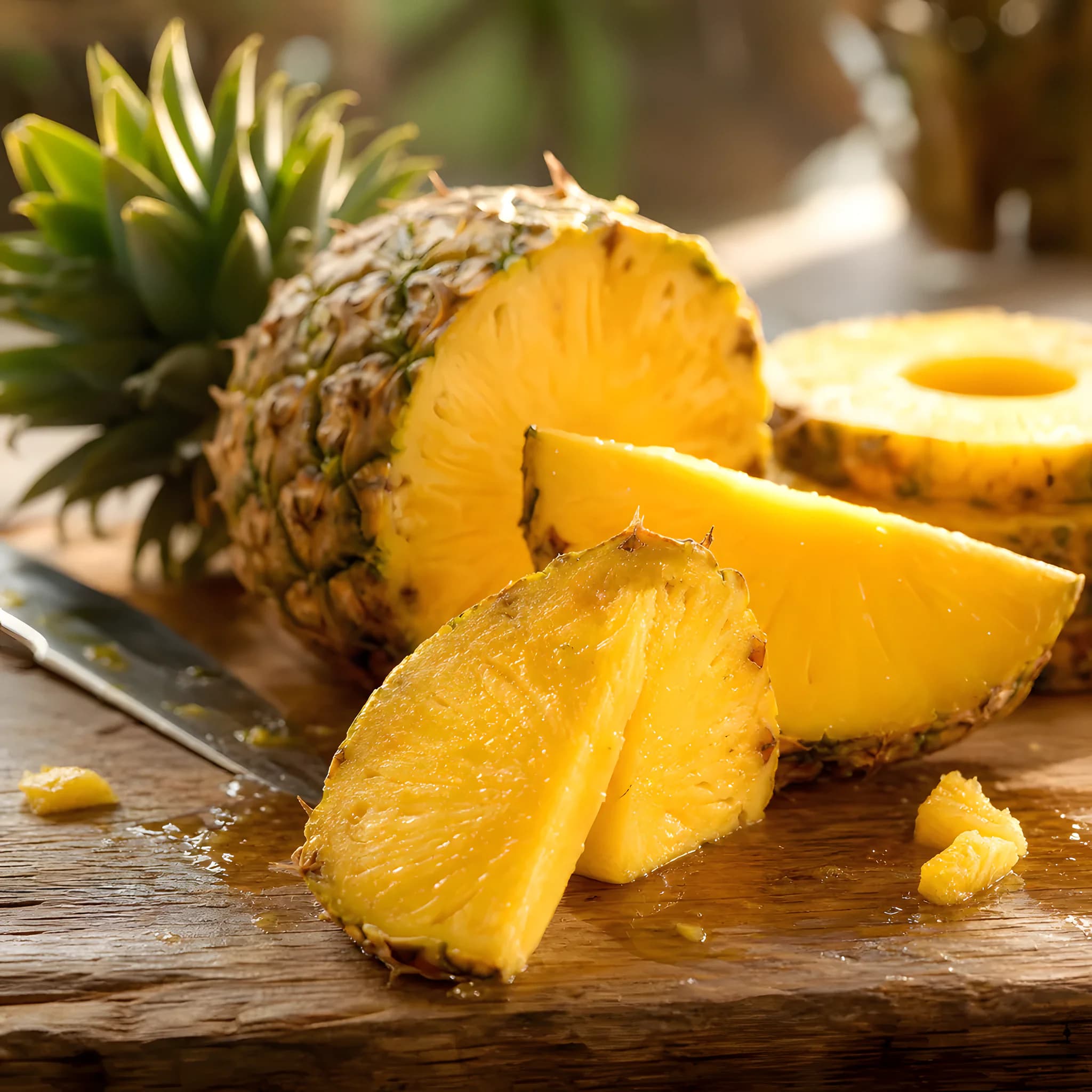 A pineapple cut open on a wooden board, with wedges, a cored ring slice and a knife beside it