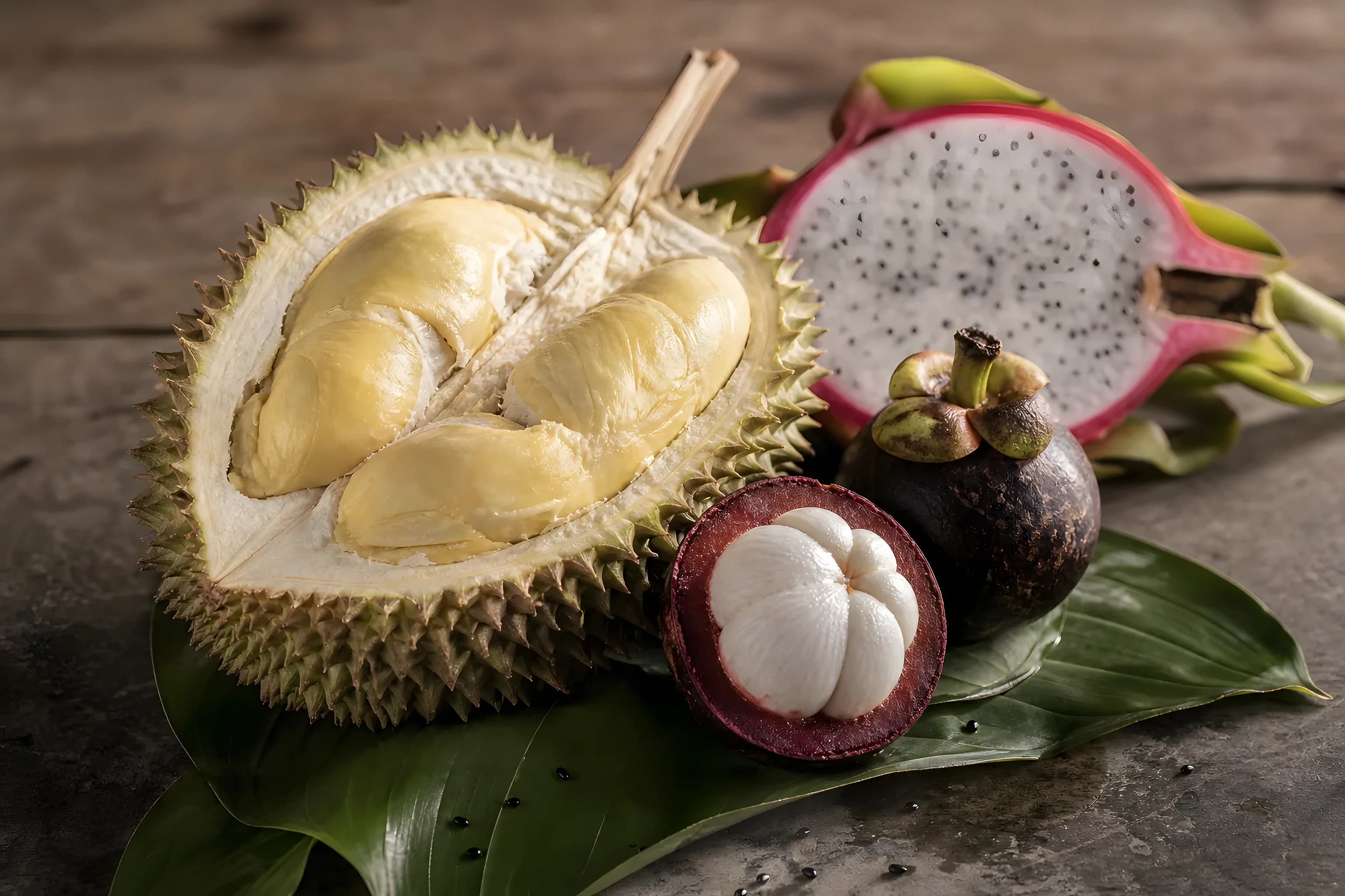 An opened durian beside a halved and a whole mangosteen and a halved dragon fruit on a leaf