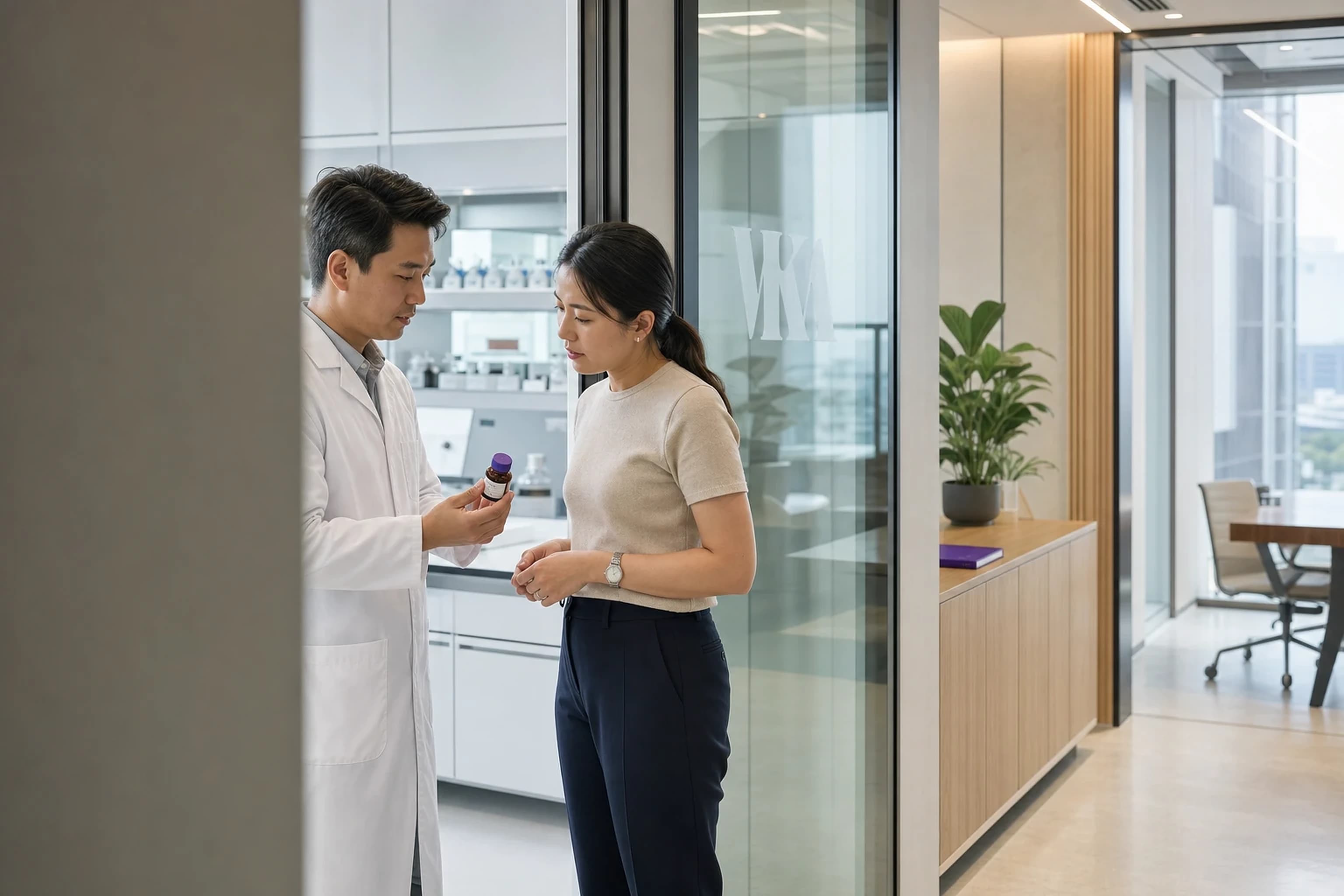 A VKA colleague showing a sample bottle to a colleague at the glass edge of the laboratory