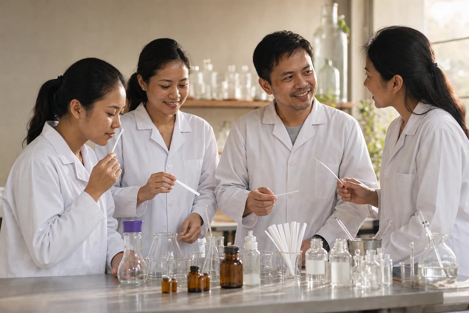 A VKA team in branded white lab coats gathered around a flavour sample in the lab