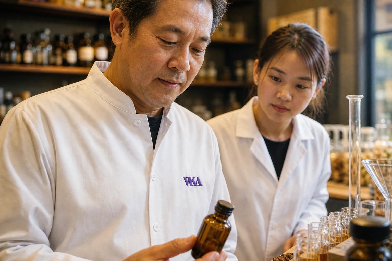 A senior VKA flavourist mentoring a junior colleague at the lab bench