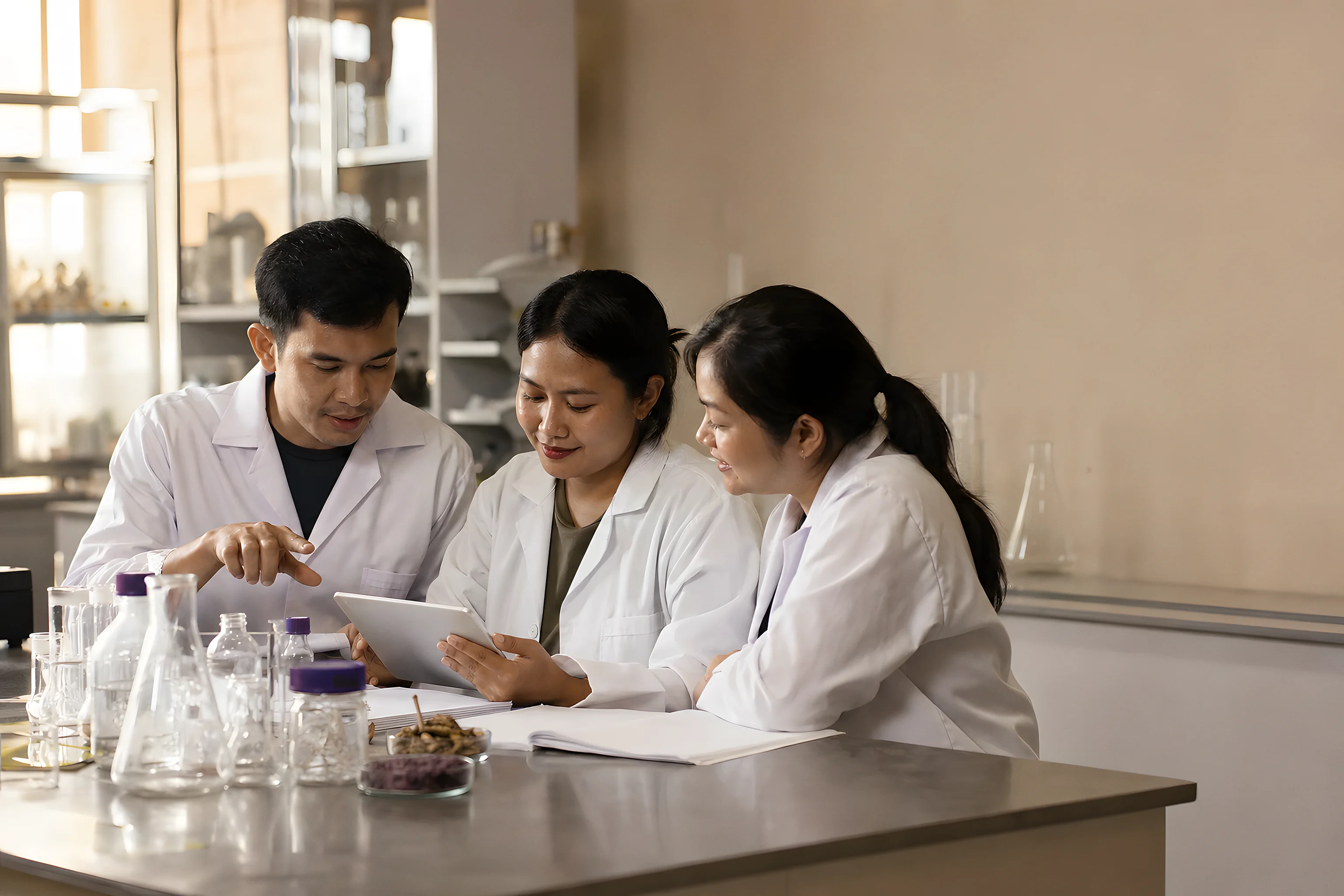 Three VKA scientists reviewing chromatogram data on a monitor together
