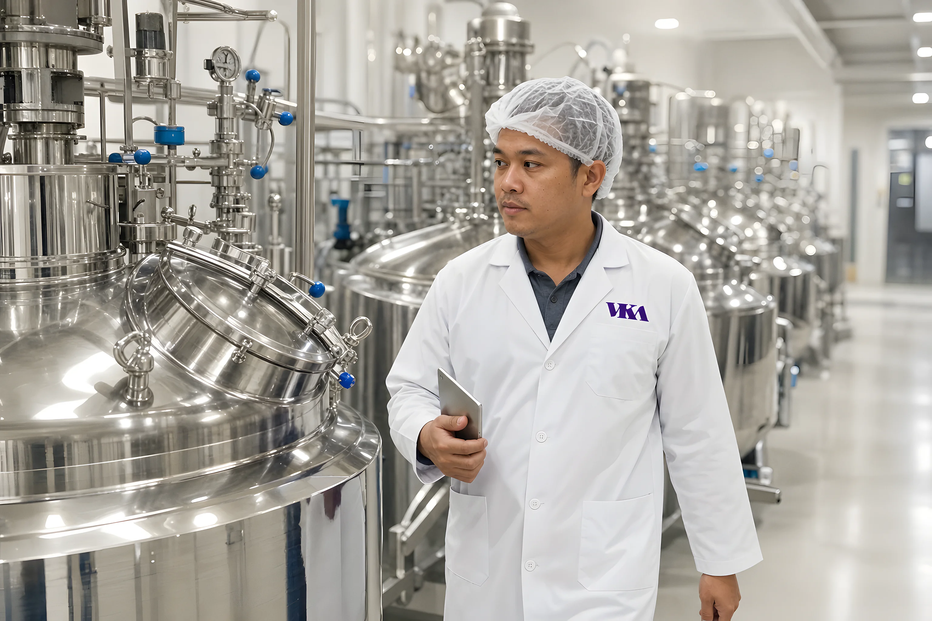 VKA production floor with stainless-steel blending tanks and Asian PPE-clad technician drawing a sample