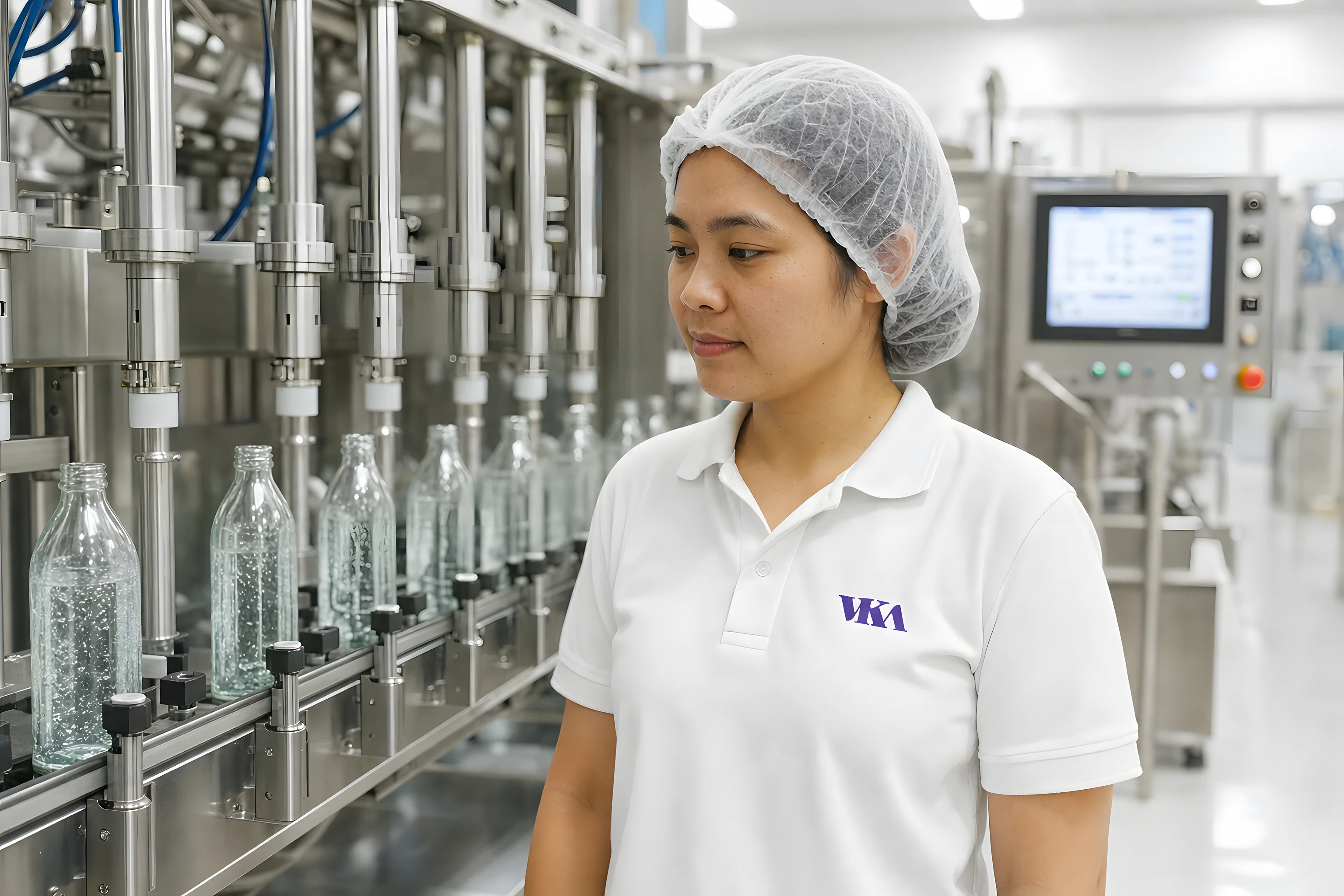 VKA automated bottling and capping line with rows of purple-capped amber bottles on the conveyor