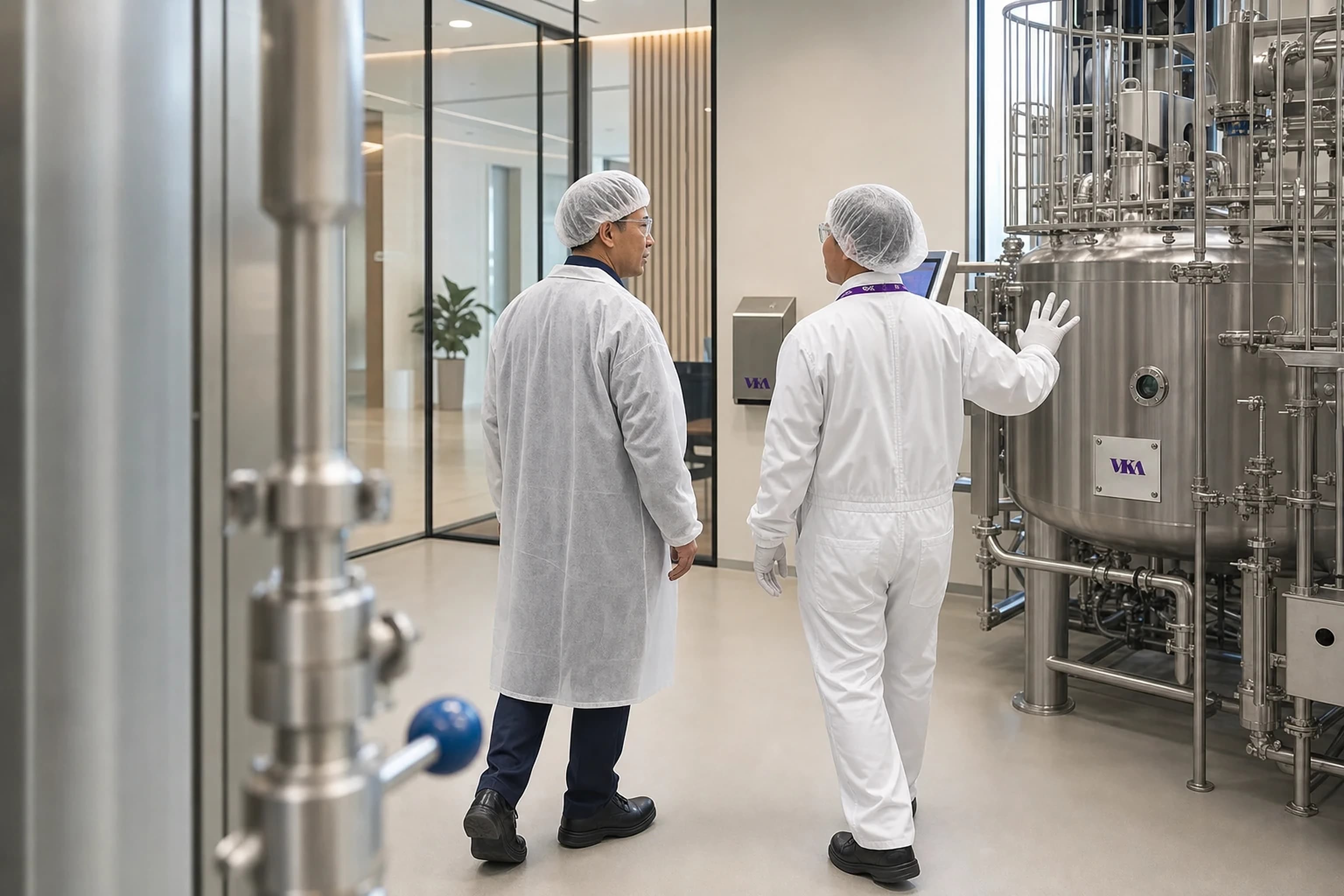 Supervisor walking the production floor past processing vessels