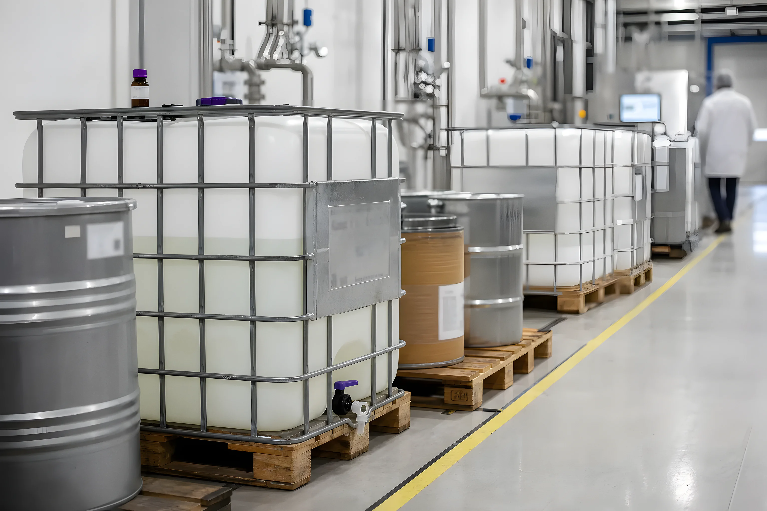 A row of IBC totes on the VKA production floor, the bulk liquid end of the flavour format range that runs from liquids to encapsulated powders