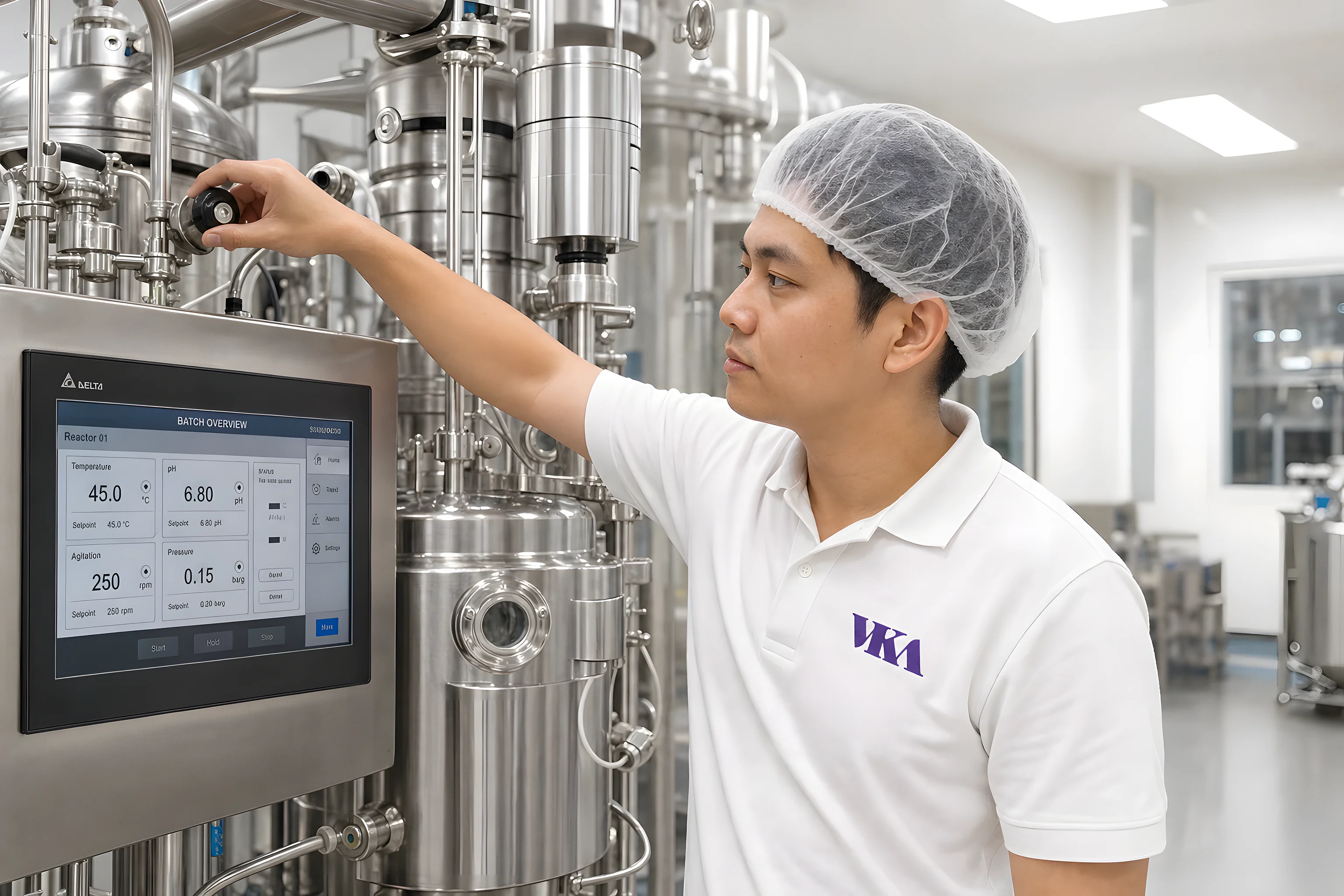VKA pilot plant with smaller-scale jacketed vessel and Asian process engineer